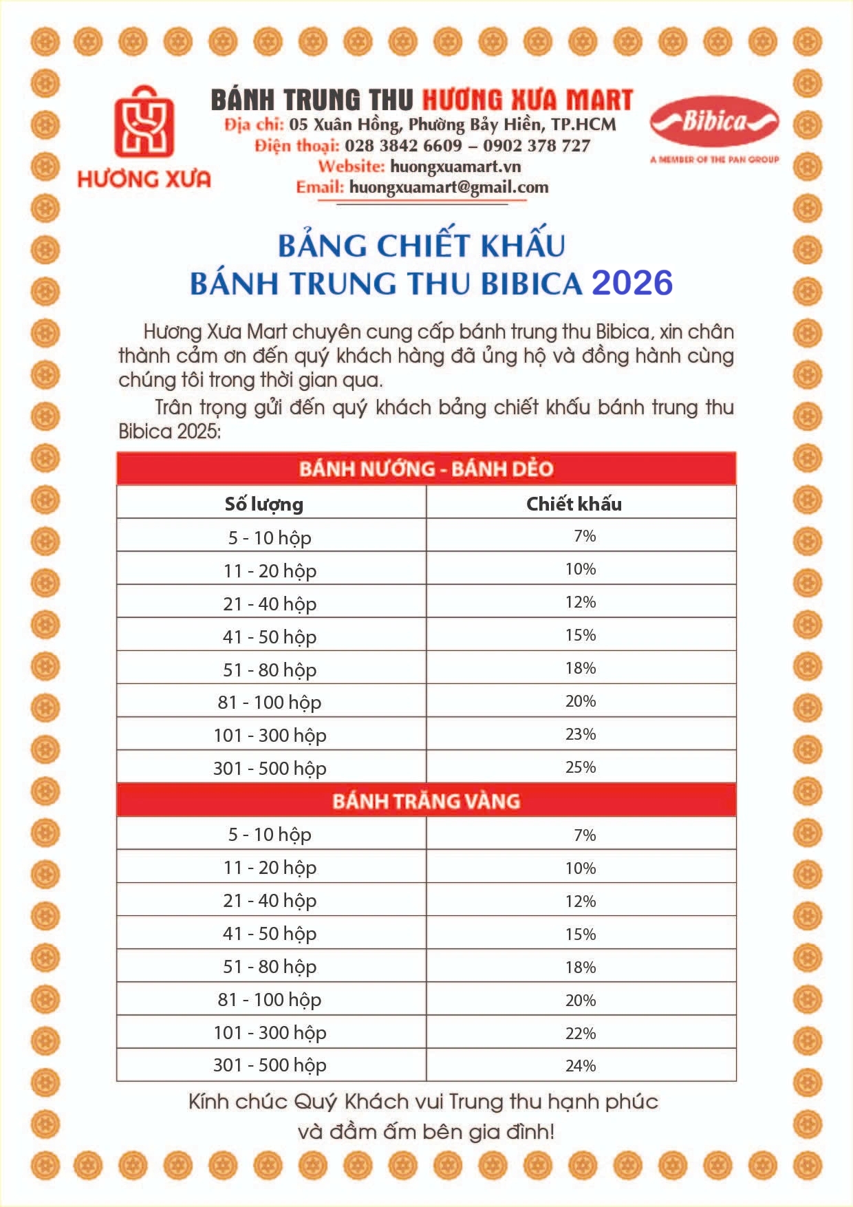 Bảng Chiết Khấu  Bánh Trung Thu Bibica 2026 Hương Xưa Mart 