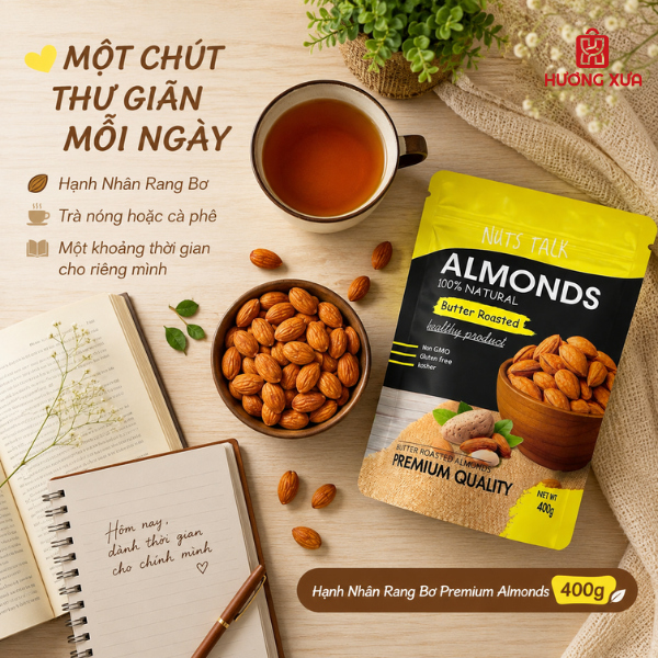 Hạnh Nhân Rang Bơ Premium Almonds Nuts Talk Túi 400g