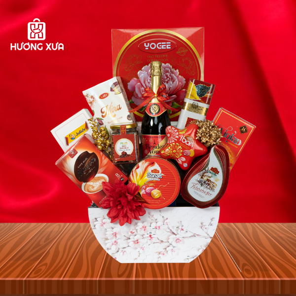 Giỏ Quà Tết HXM-27: Trắng Đỏ Tinh Tế, May Mắn