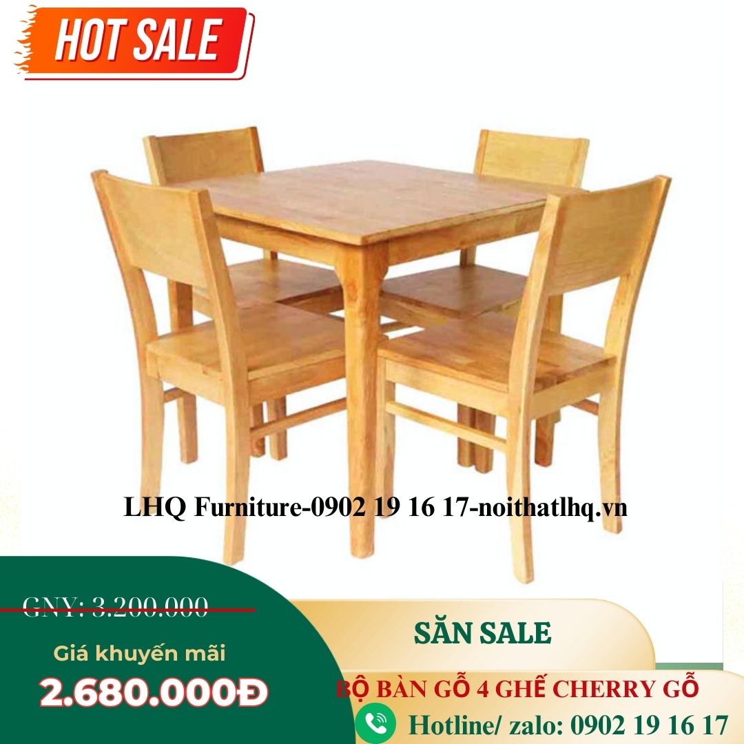 Bộ bàn ăn 4 ghế Cherry – Bàn Chân Vuông Mặt 80cm
