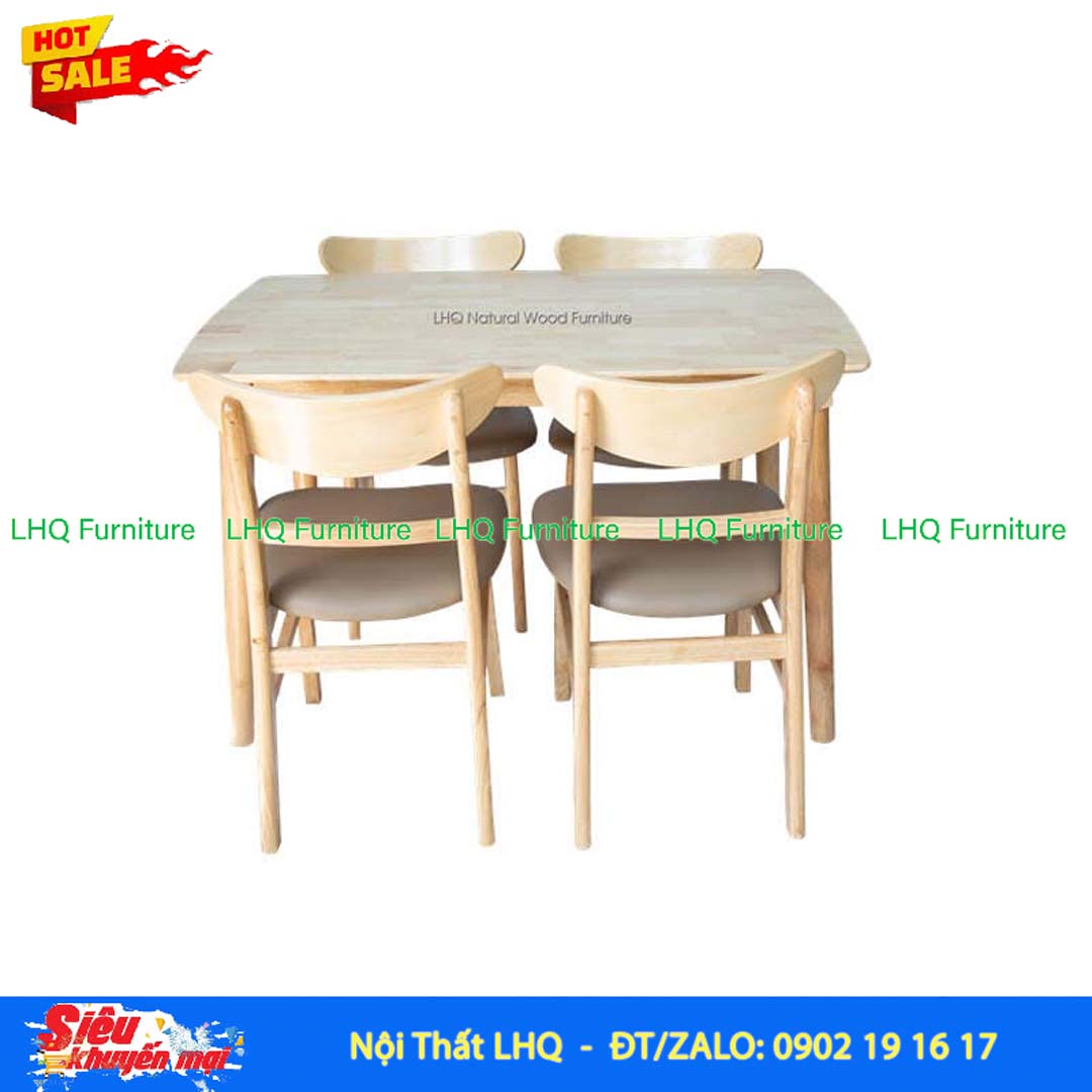 Bộ bàn ăn 4 ghế Mango, Gỗ cao su, Hàng loại 1, Bán chạy 2024, LHQ Furniture