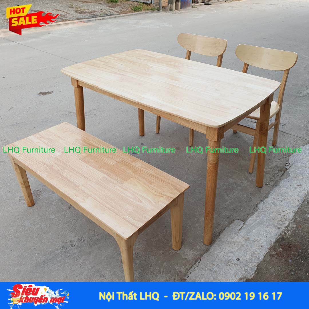 Bộ bàn ăn dài 1m2, 2 ghế Mango, 1 ghế bench