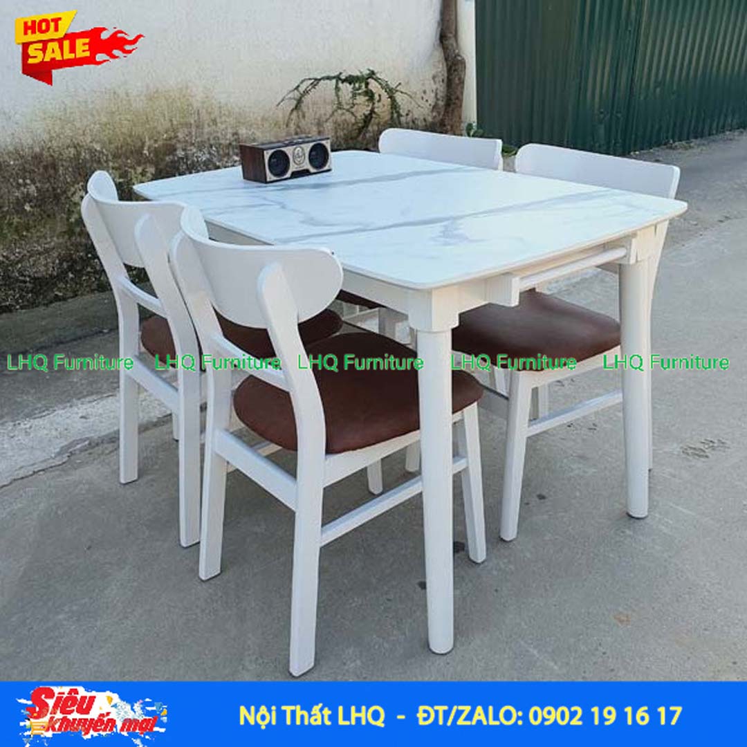Bộ bàn ăn 4 ghế Mango, mặt bàn giả đá, kết cấu chắc, sử dụng bền
