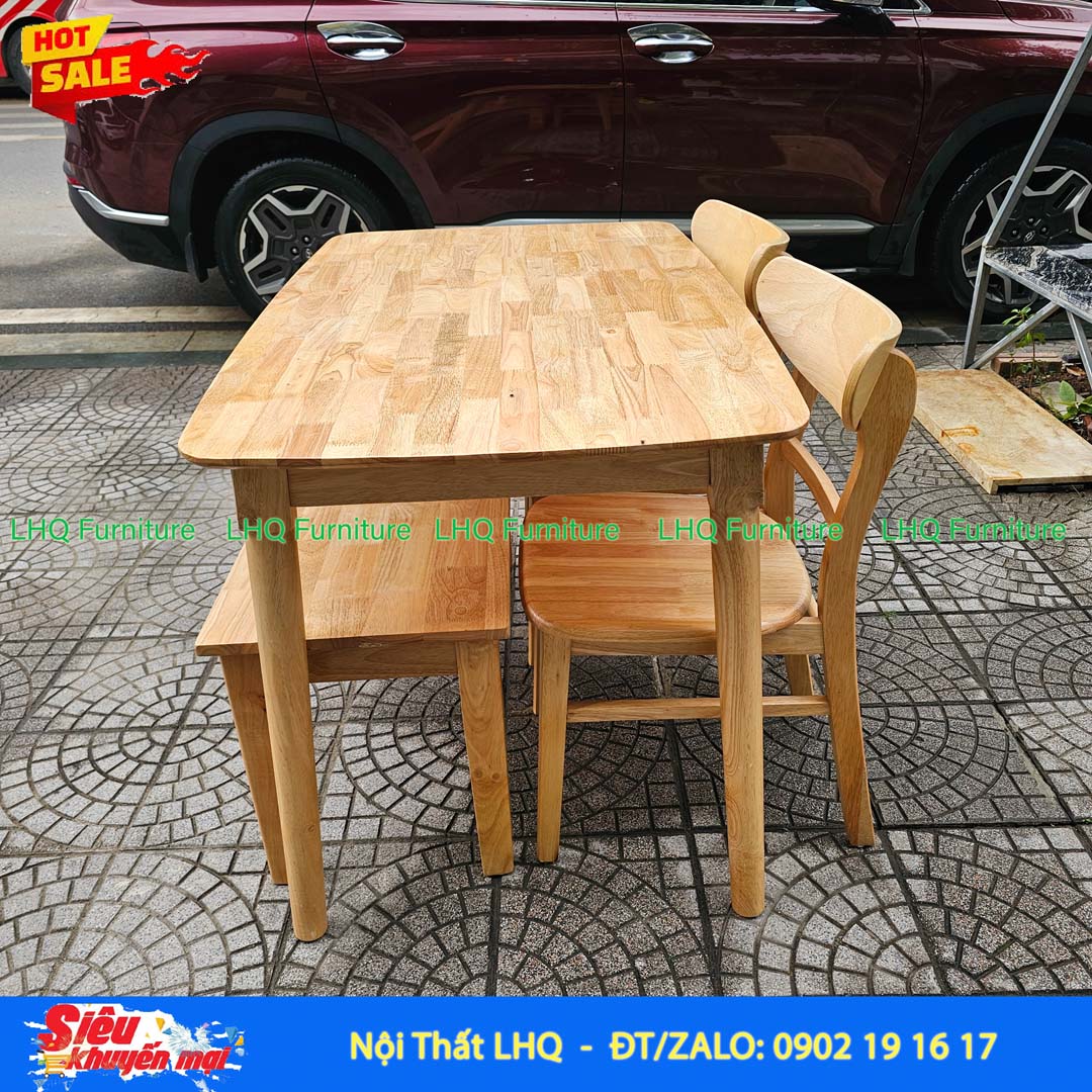 Bộ bàn ăn dài 1m2, 2 ghế Mango, 1 ghế bench