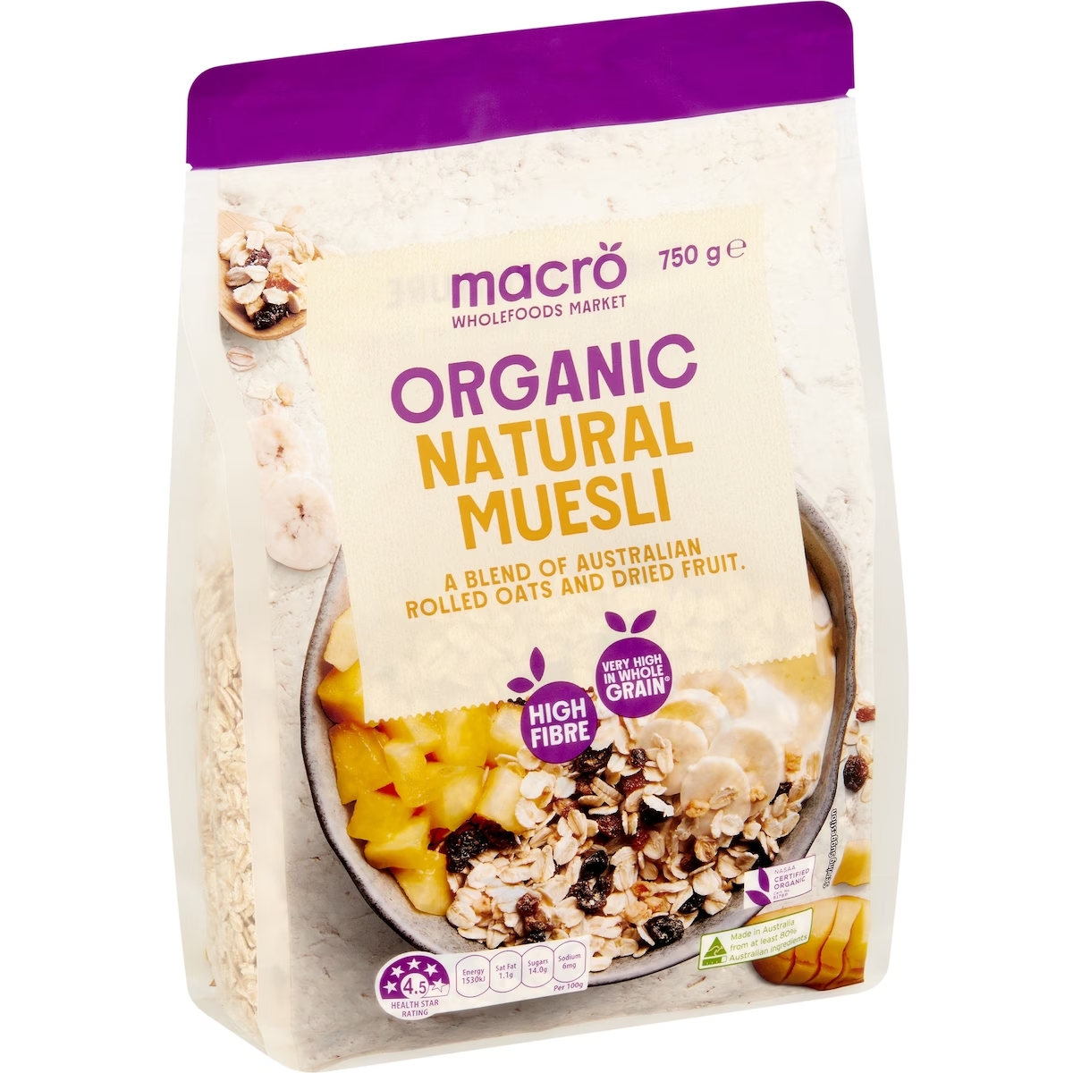 Macro Organic Natural Muesli yến mạch hữu cơ kết hợp với trái cây sấy 750g (05/26)