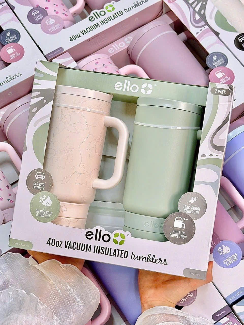 Ello 40 oz vacuum insulated tumbler set bình ly giữ nhiệt quai xách kèm ống hút 1183ml [xanh]