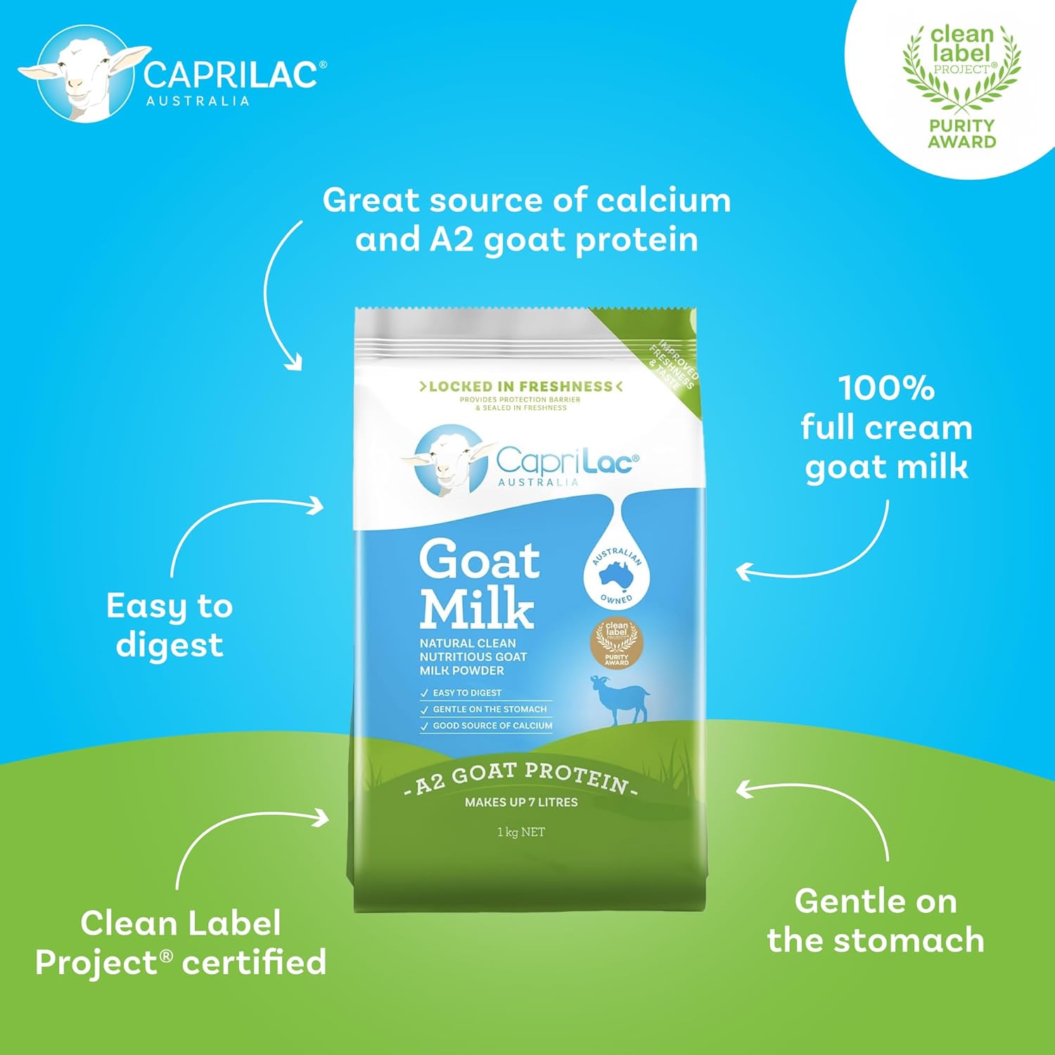 Caprilac Goat Milk Powder sữa dê tươi nguyên kem trên 1 tuổi 1kg (04/27)