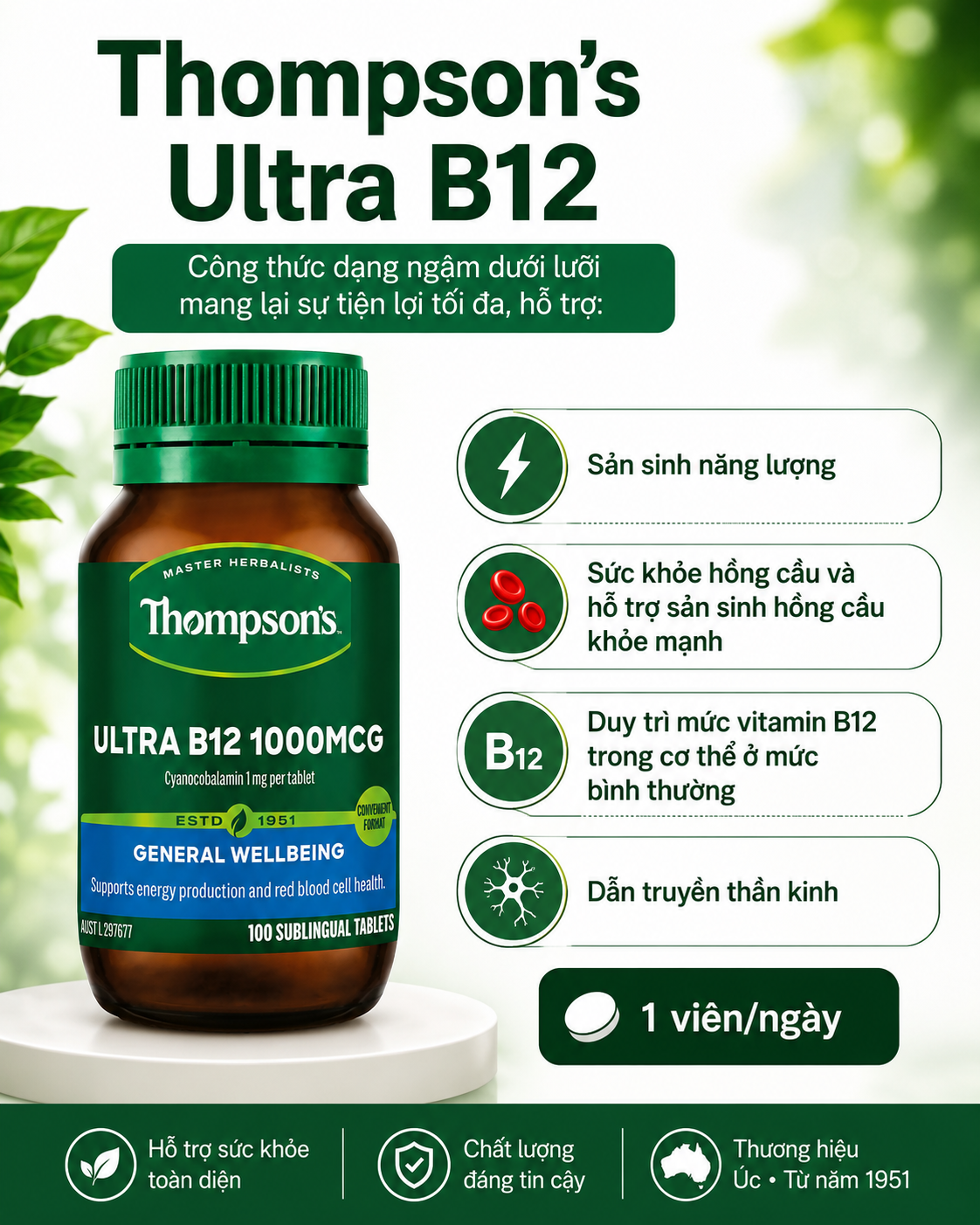 Thompson's Ultra B12 1000mcg bổ sung vitamin B12 hỗ trợ tạo hồng cầu 100v (10/28)