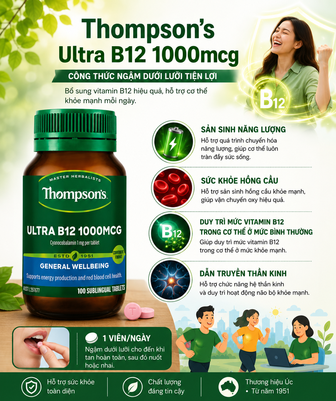 Thompson's Ultra B12 1000mcg bổ sung vitamin B12 hỗ trợ tạo hồng cầu 100v (10/28)