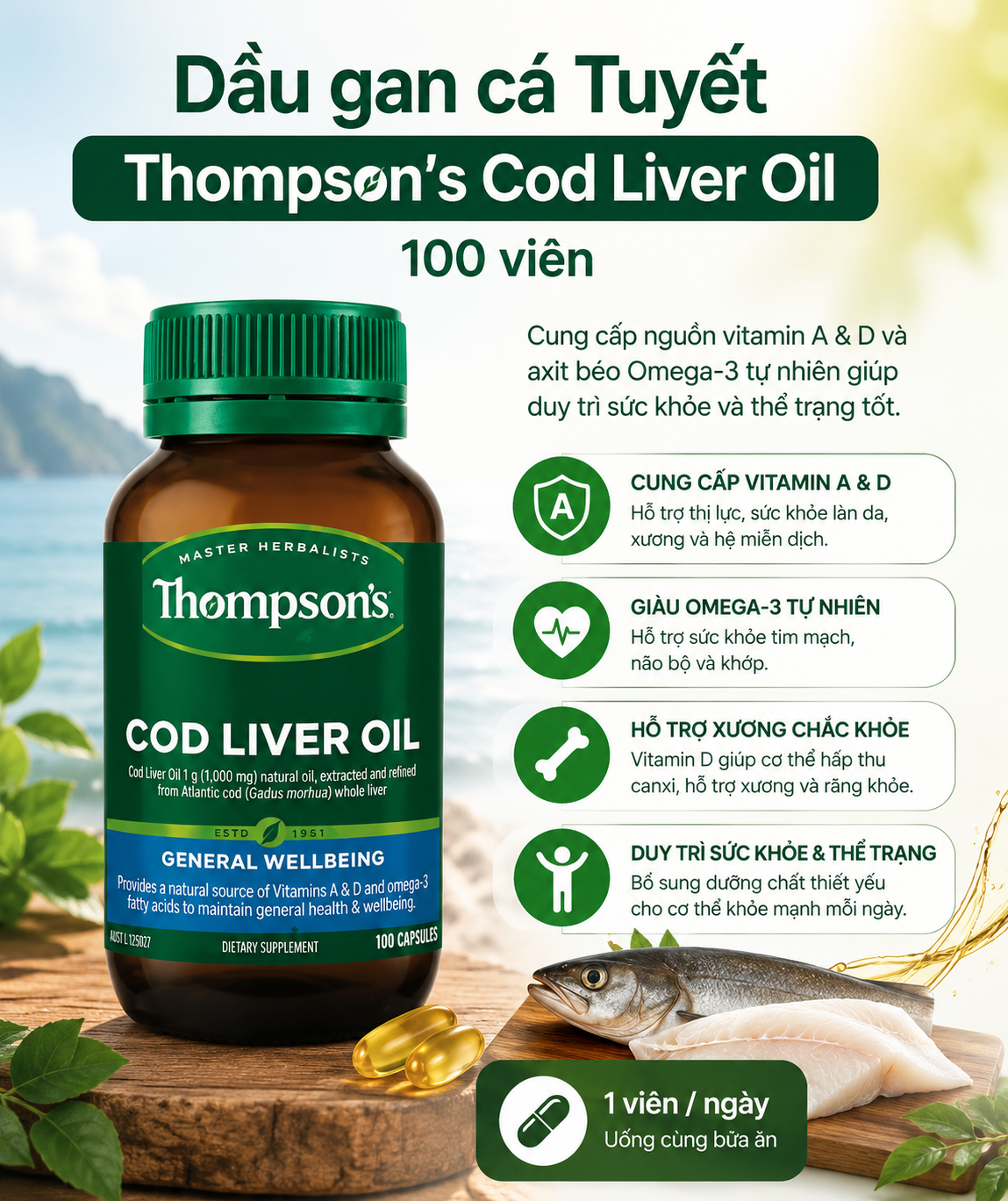 Thompson's Cod Liver Oil dầu gan cá tuyết bổ sung vitamin A, D, omega 3 100v (04/30)