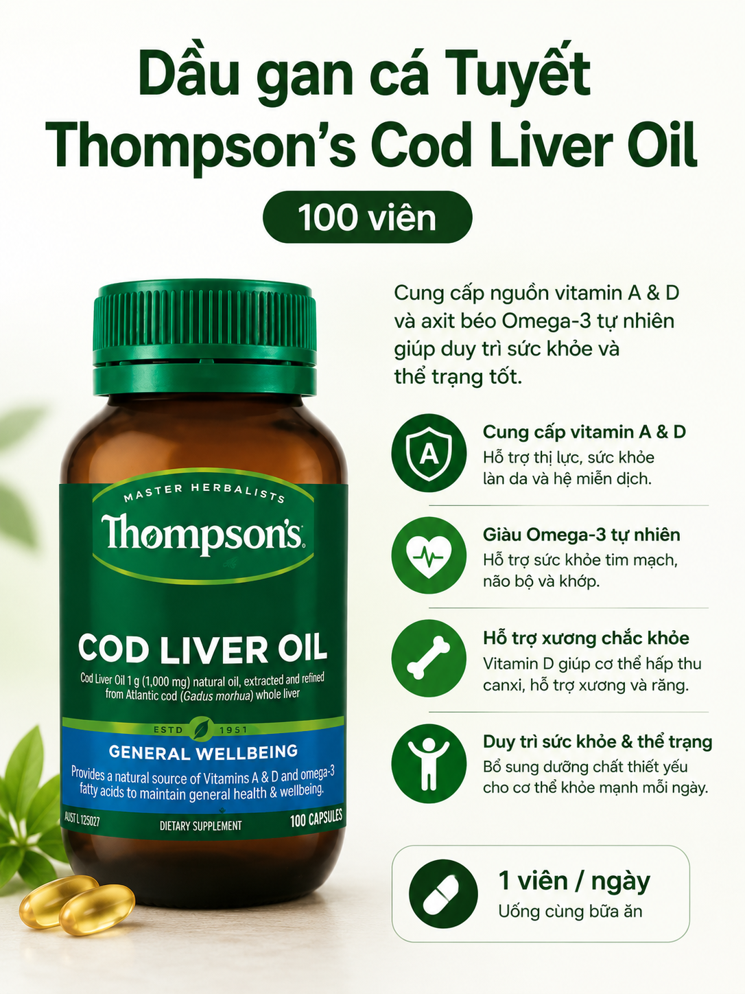 Thompson's Cod Liver Oil dầu gan cá tuyết bổ sung vitamin A, D, omega 3 100v (04/30)