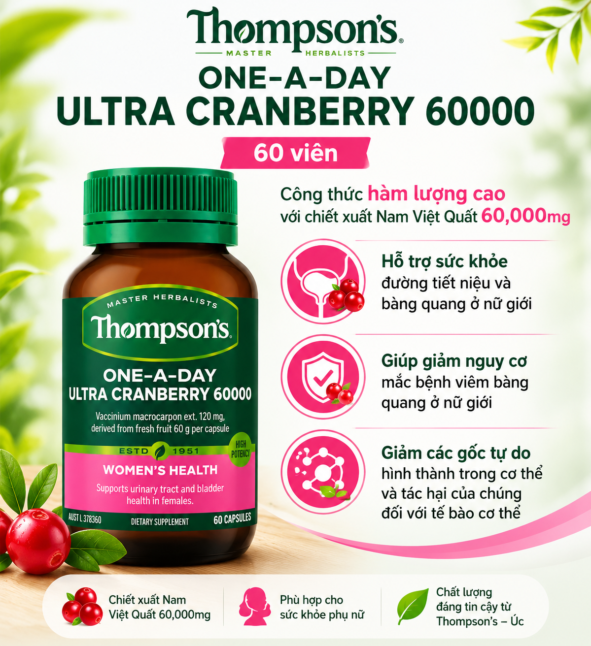Thompson's One-a-day Ultra Cranberry 60000 bổ sung nam việt quất hỗ trợ đường tiết niệu 60v (11/28)