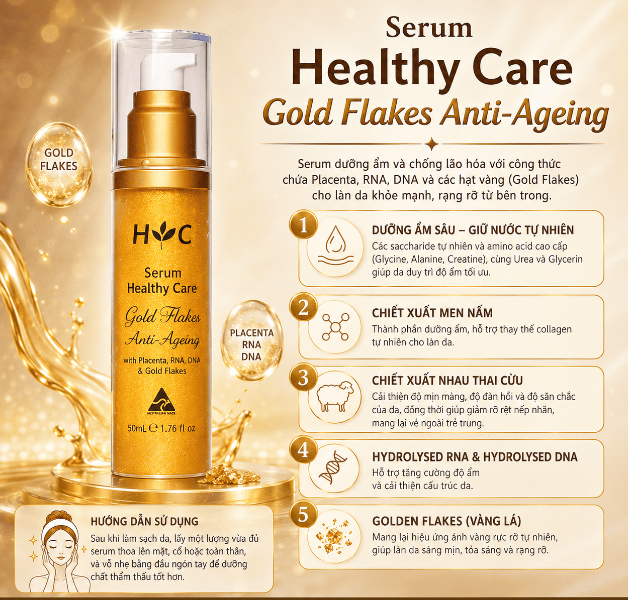 Healthy Care Anti-Ageing Gold Flake Face Serum tinh chất vàng chống lão hóa và dưỡng ẩm da mặt 50ml (09/29)
