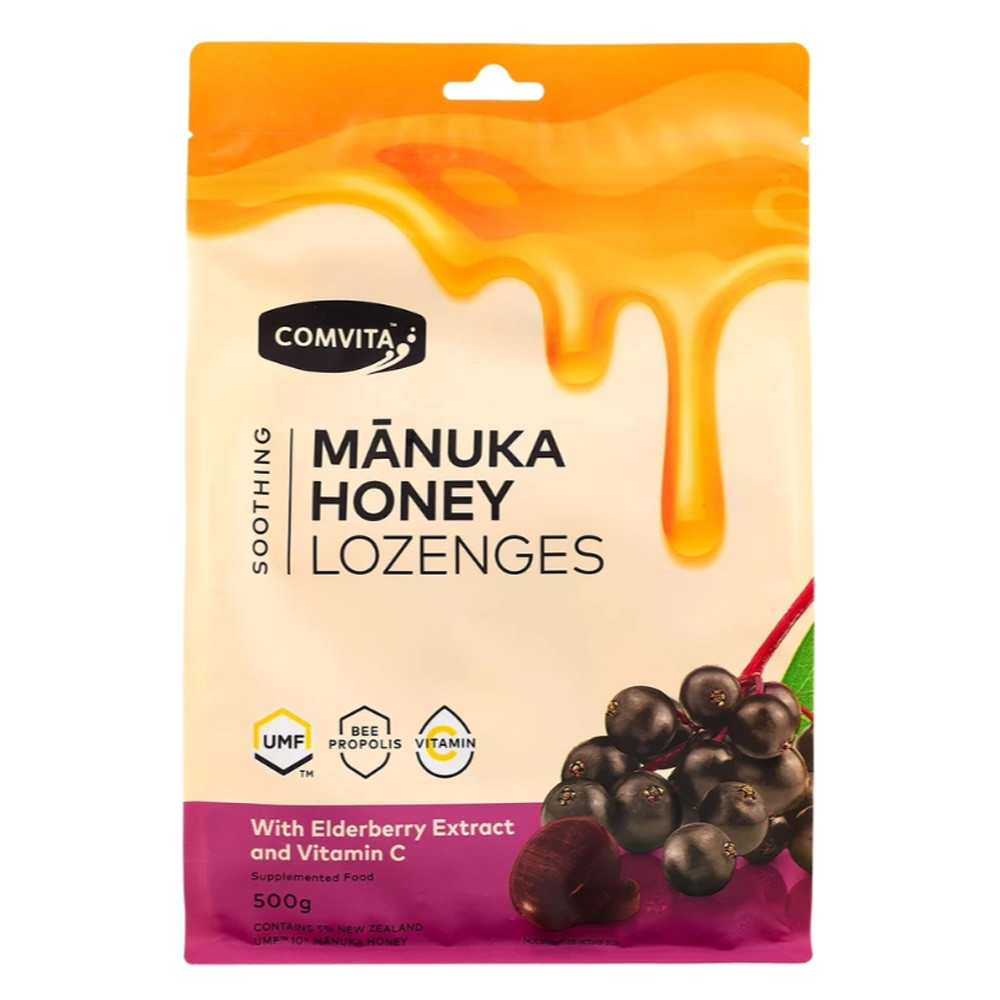 Comvita manuka honey lozenges with Elderberry Extract and Vitamin C kẹo ngậm mật ong vị quả cơm cháy đen 500g (03/27)