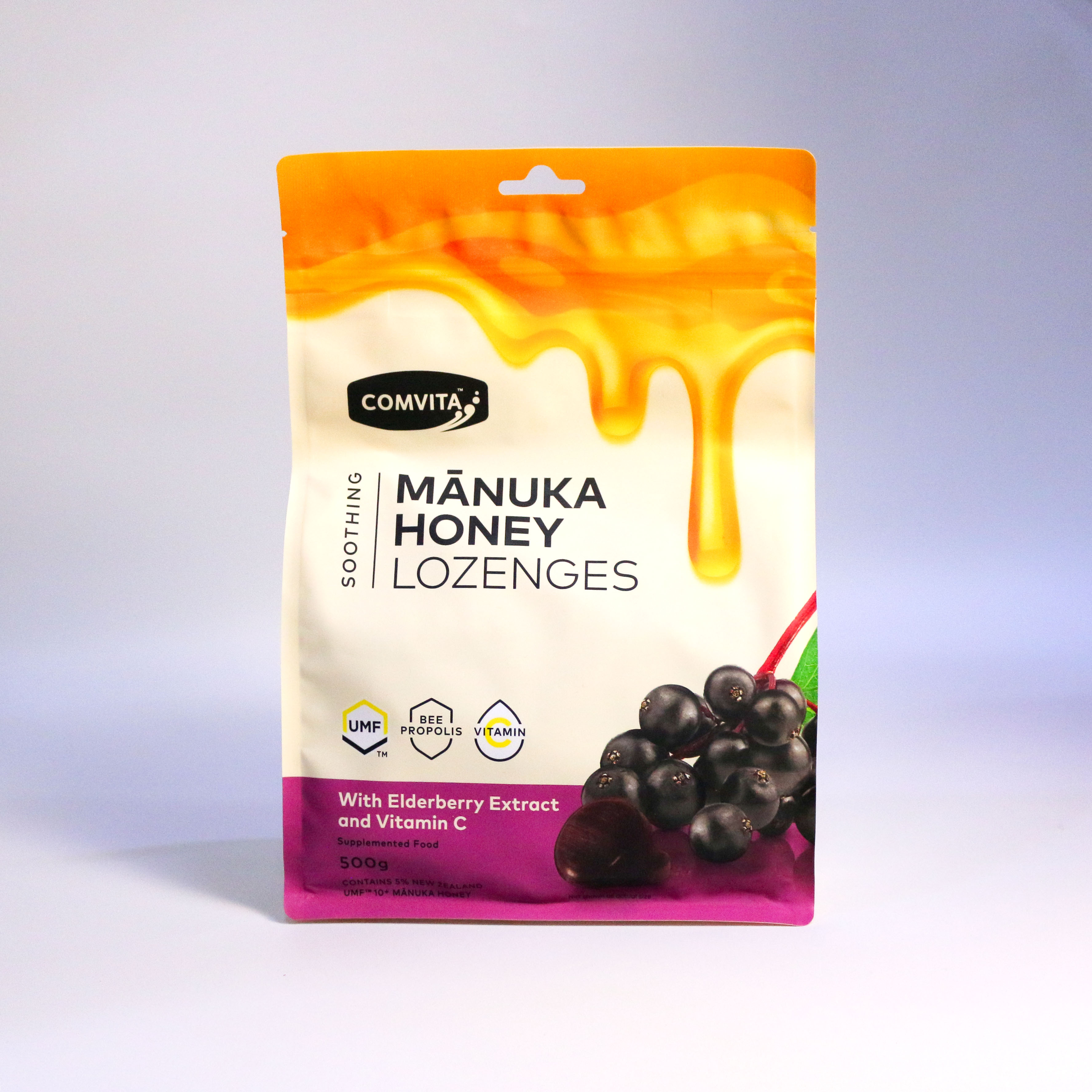Comvita manuka honey lozenges with Elderberry Extract and Vitamin C kẹo ngậm mật ong vị quả cơm cháy đen 500g (03/27)