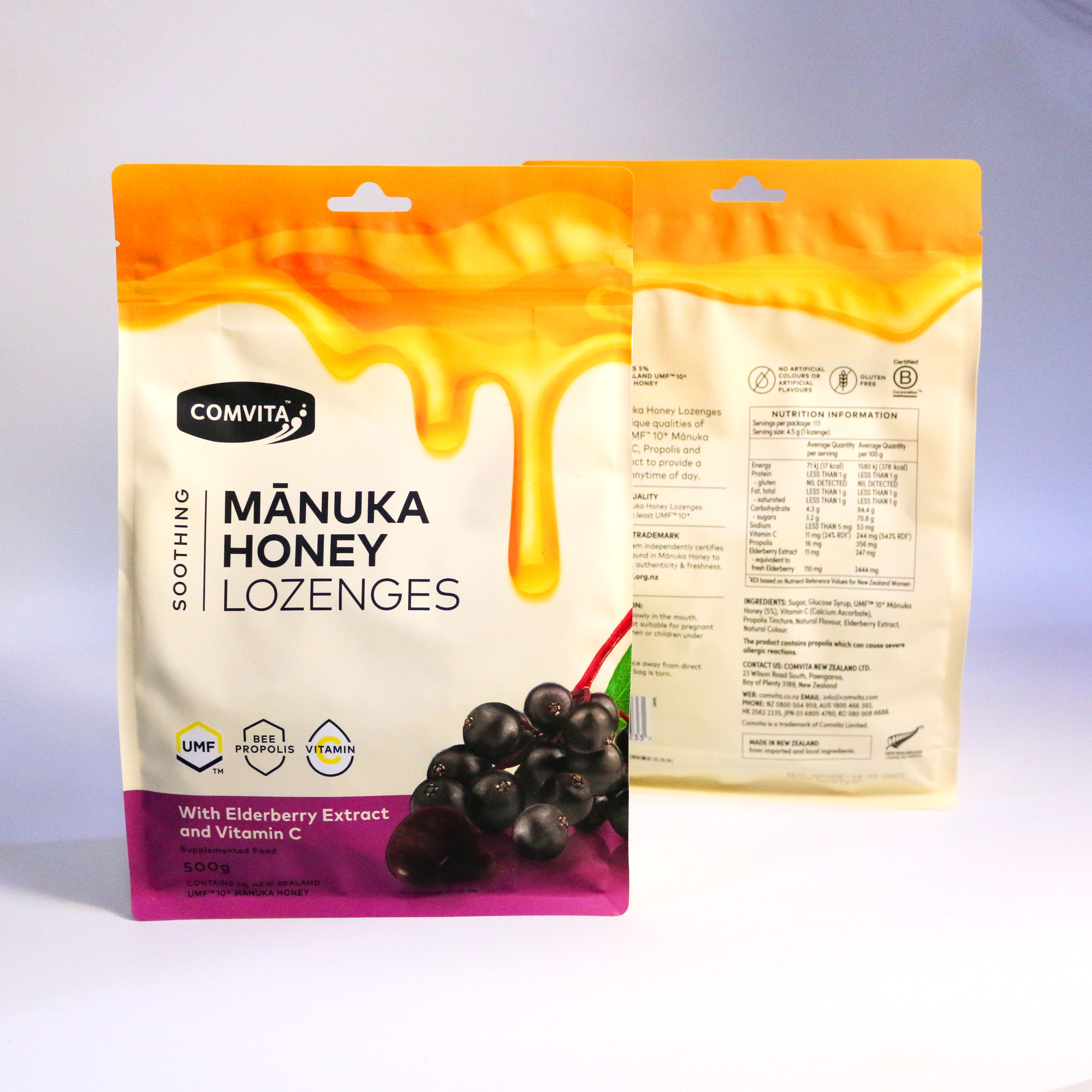 Comvita manuka honey lozenges with Elderberry Extract and Vitamin C kẹo ngậm mật ong vị quả cơm cháy đen 500g (03/27)