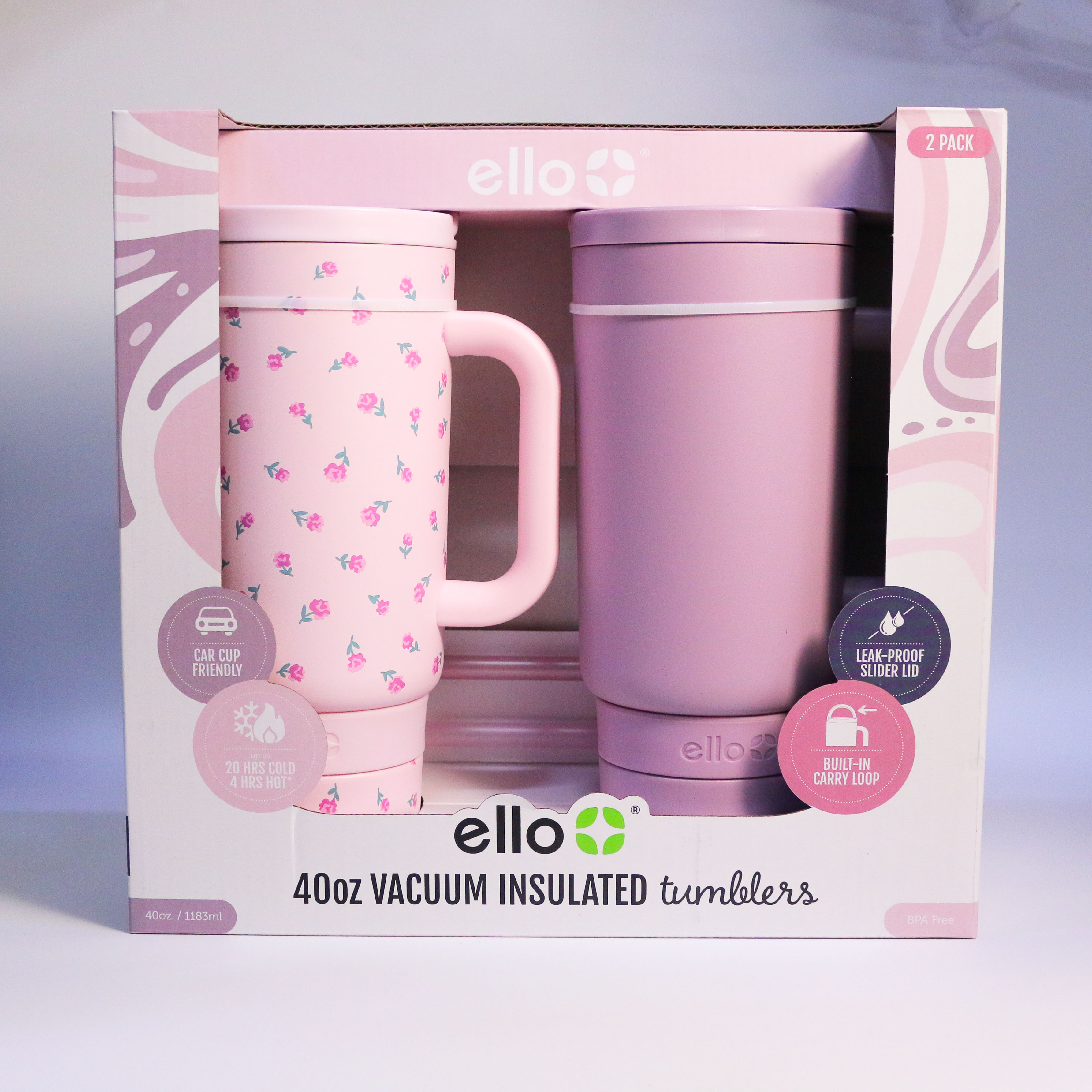 Ello 40 oz vacuum insulated tumbler set bình ly giữ nhiệt quai xách kèm ống hút 1183ml [hồng]