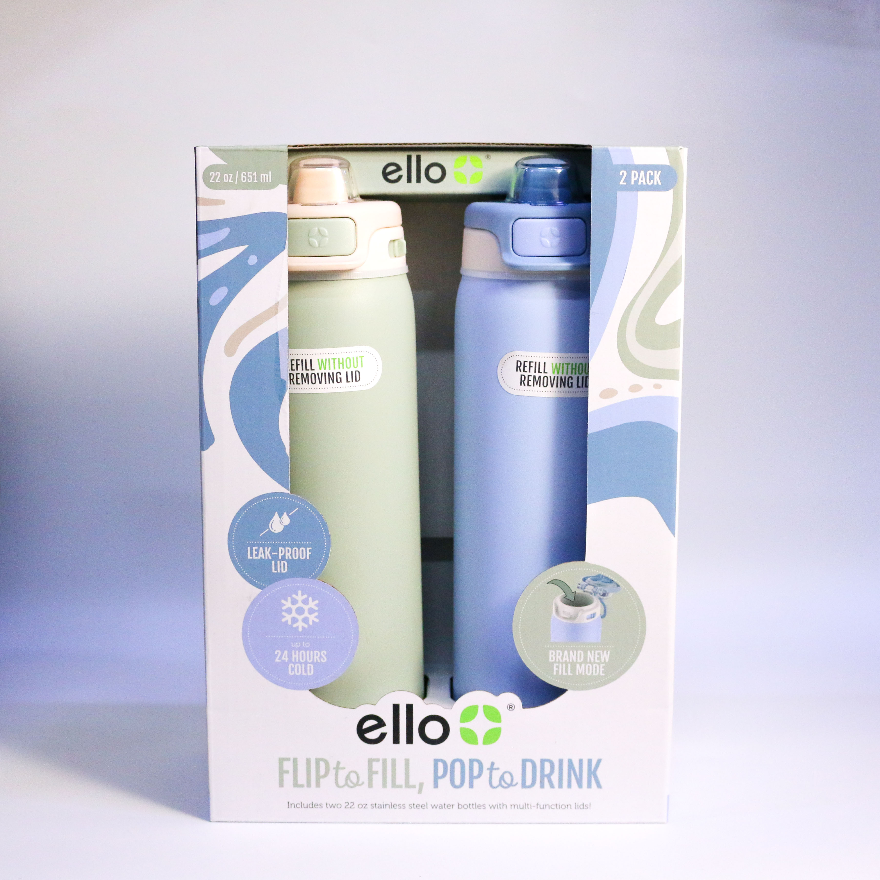 Ello flip to fill, pop to drink 22oz set bình nước giữ nhiệt nắp bật 651ml [xanh]