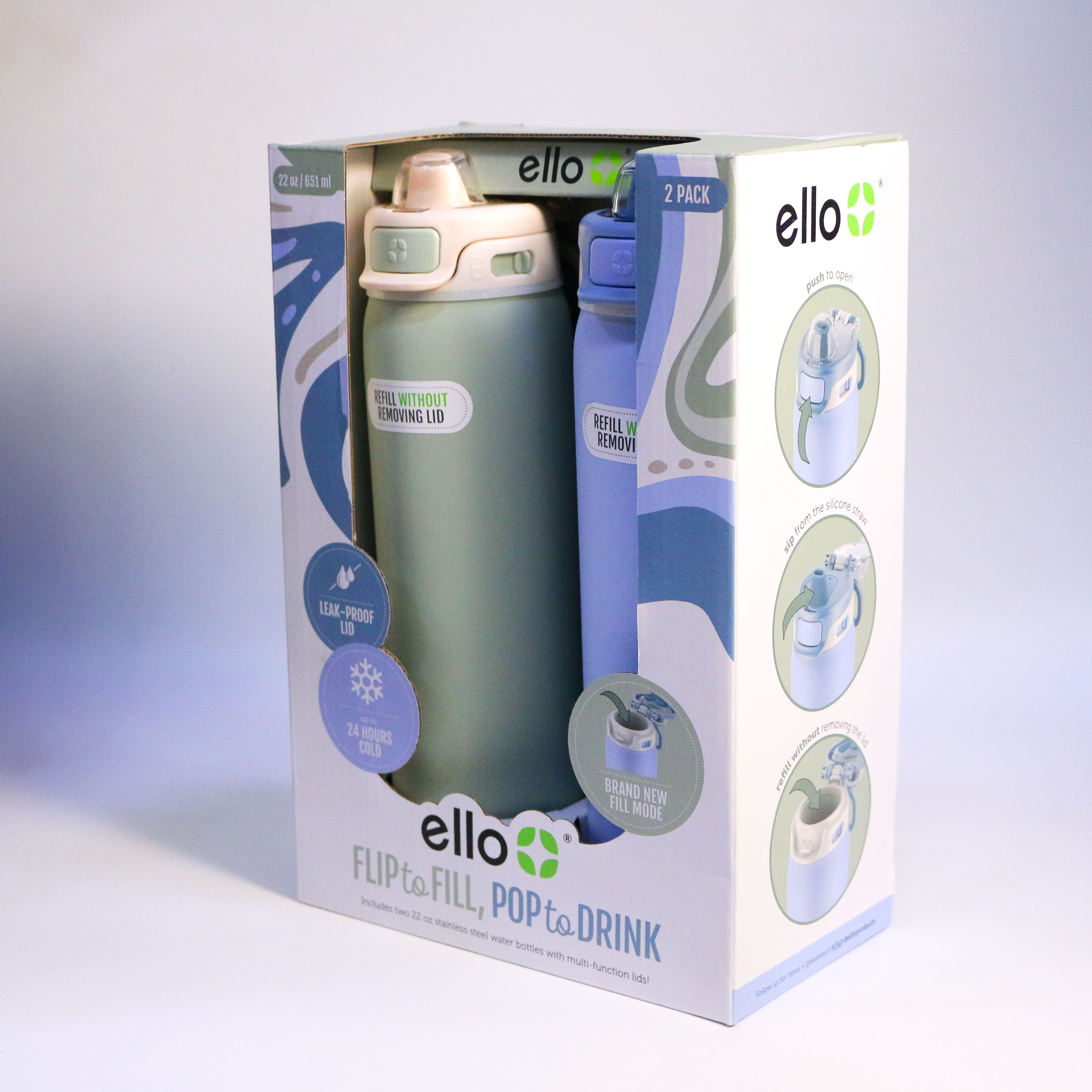 Ello flip to fill, pop to drink 22oz set bình nước giữ nhiệt nắp bật 651ml [xanh]