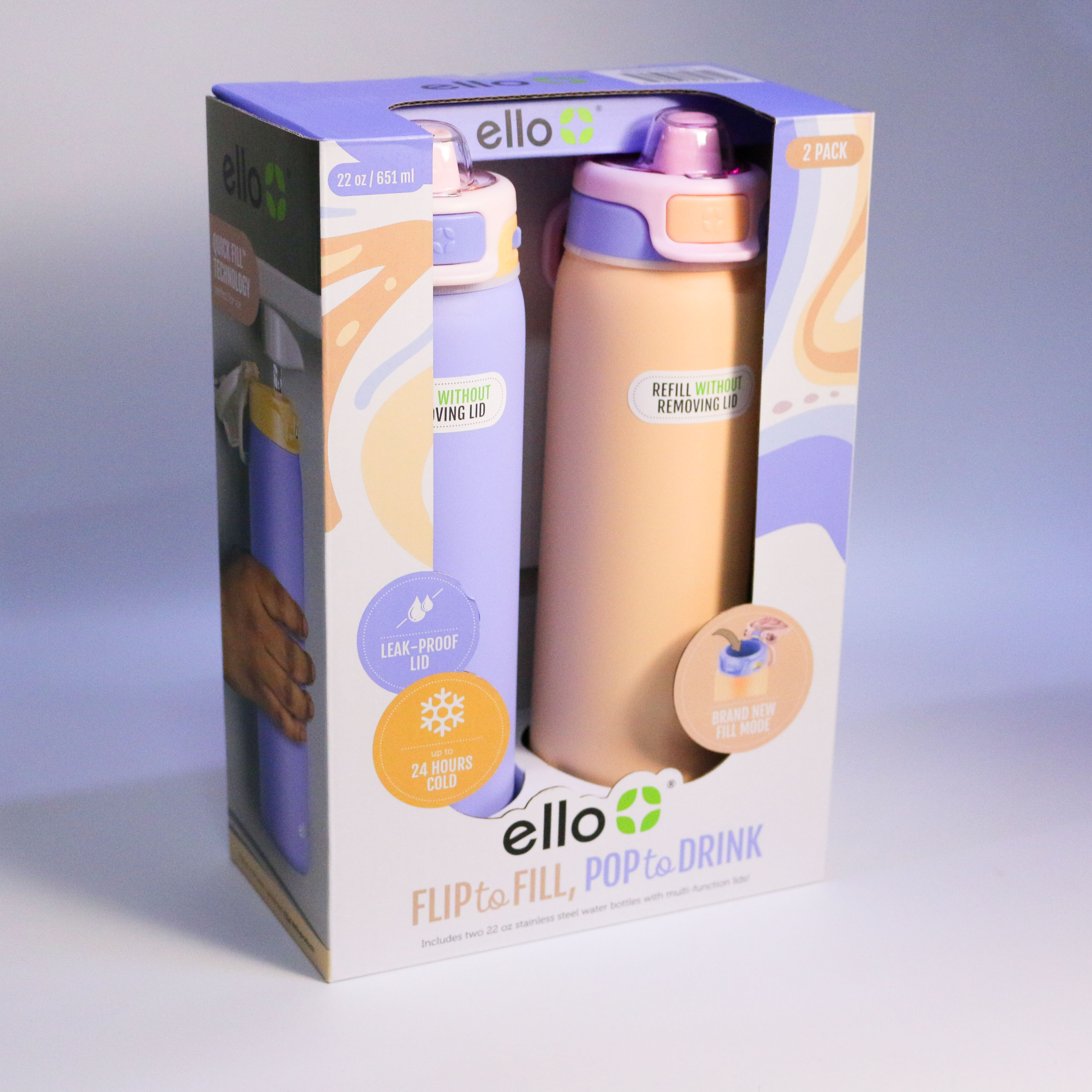 Ello flip to fill, pop to drink 22oz set bình nước giữ nhiệt nắp bật 651ml [tím cam]