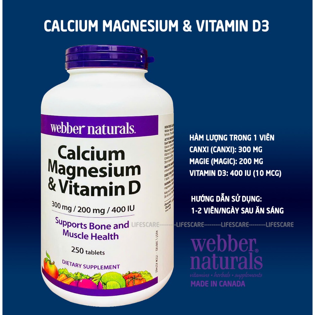 Webber Naturals Calcium Magnesium & Vitamin D hỗ trợ xương, cơ bắp khỏe mạnh 250v (01/29)