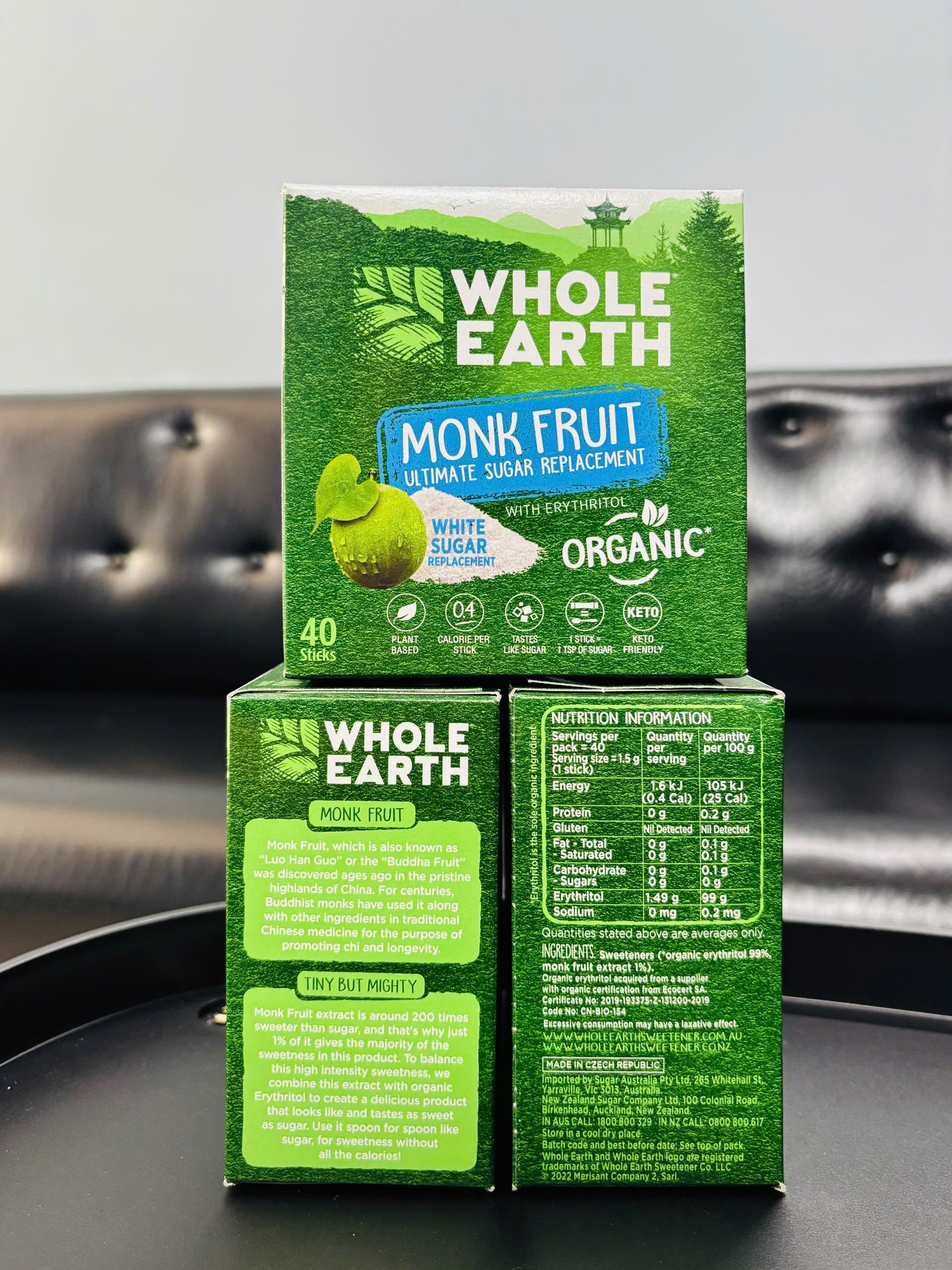 Whole Earth Monk Fruit đường ăn kiêng hữu cơ chiết xuất từ quả la hán kết kợp Erythritol 40 thanh x 1.5g (04/27)