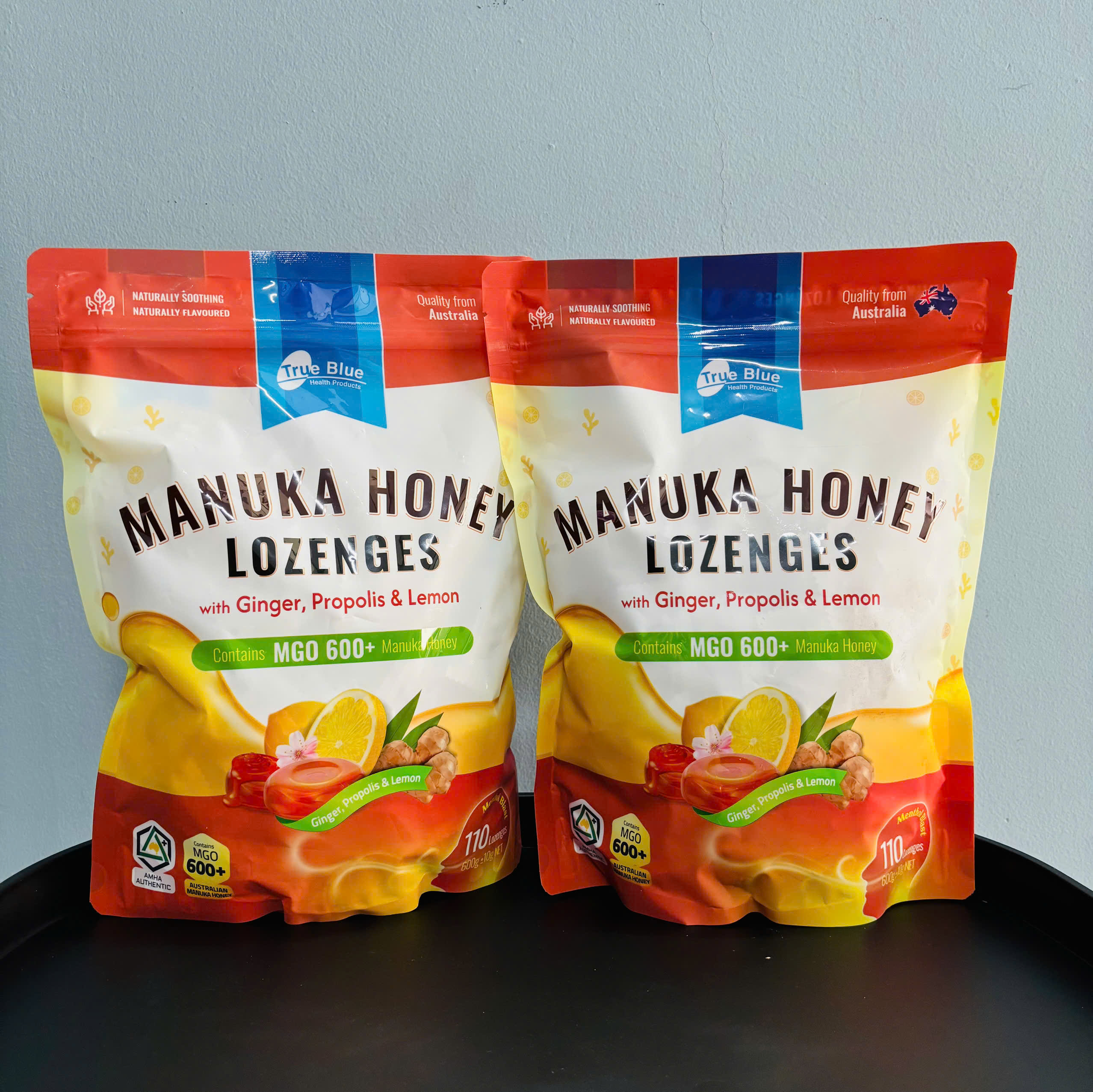 True Blue Manuka Honey Lozenges with Ginger Propolis & Lemon MGO 600+ kẹo mật ong gừng chanh 110v (06/27)
