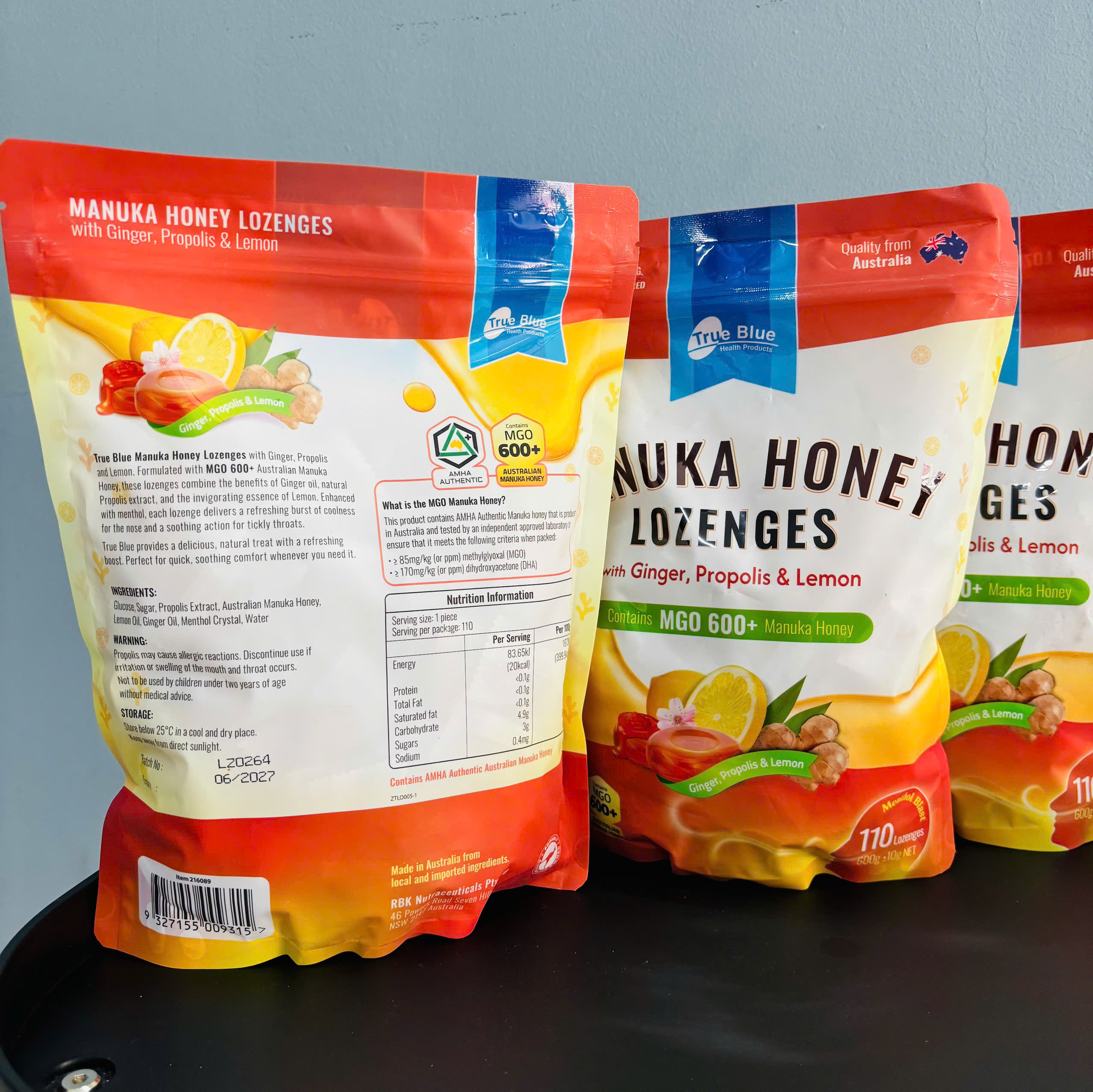 True Blue Manuka Honey Lozenges with Ginger Propolis & Lemon MGO 600+ kẹo mật ong gừng chanh 110v (06/27)
