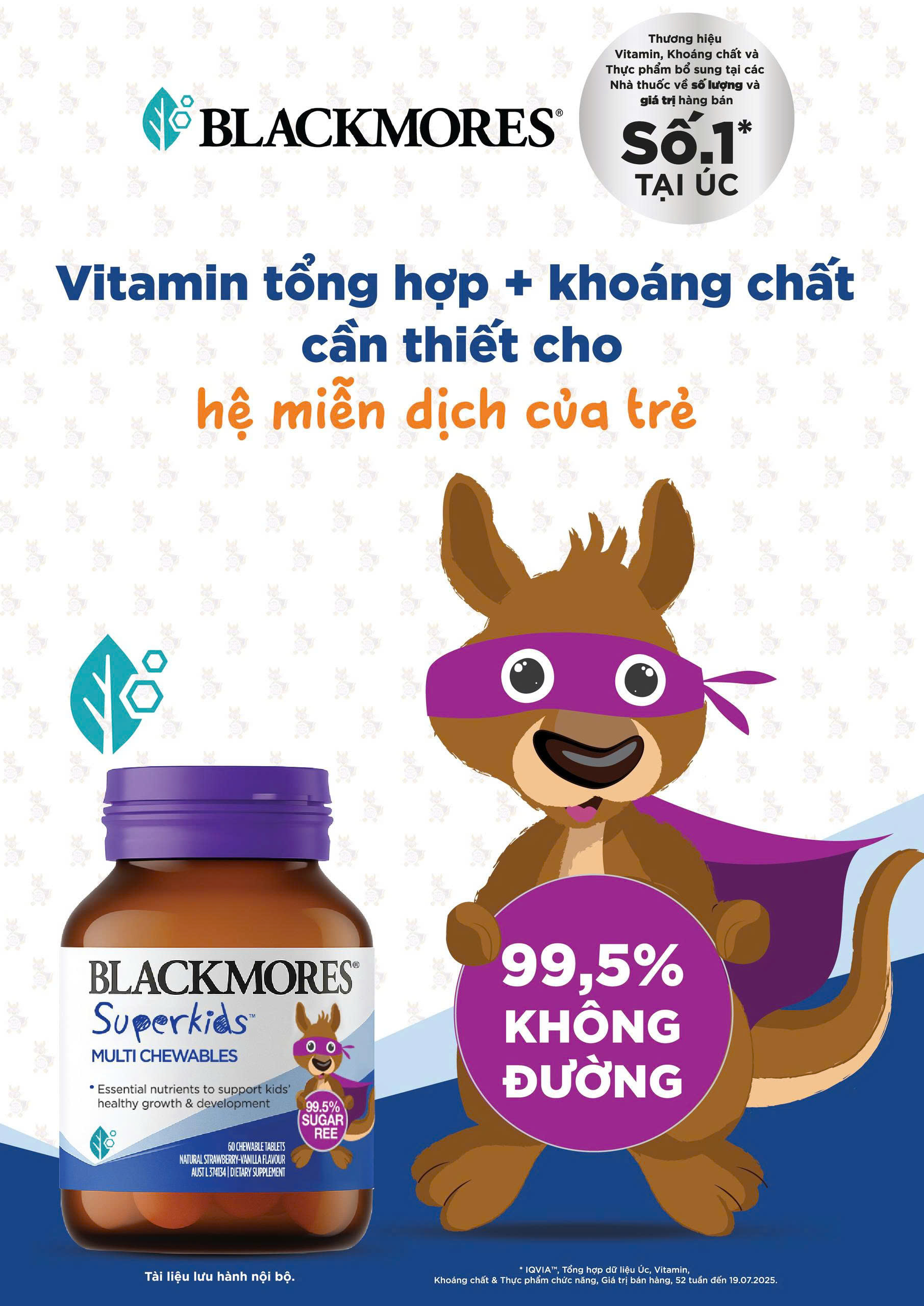 Blackmores Superkids Multi Chewables kẹo ngậm hương dâu bổ sung vitamin tổng hợp cho bé từ 2 tuổi 60v (08/27) [tem tv]