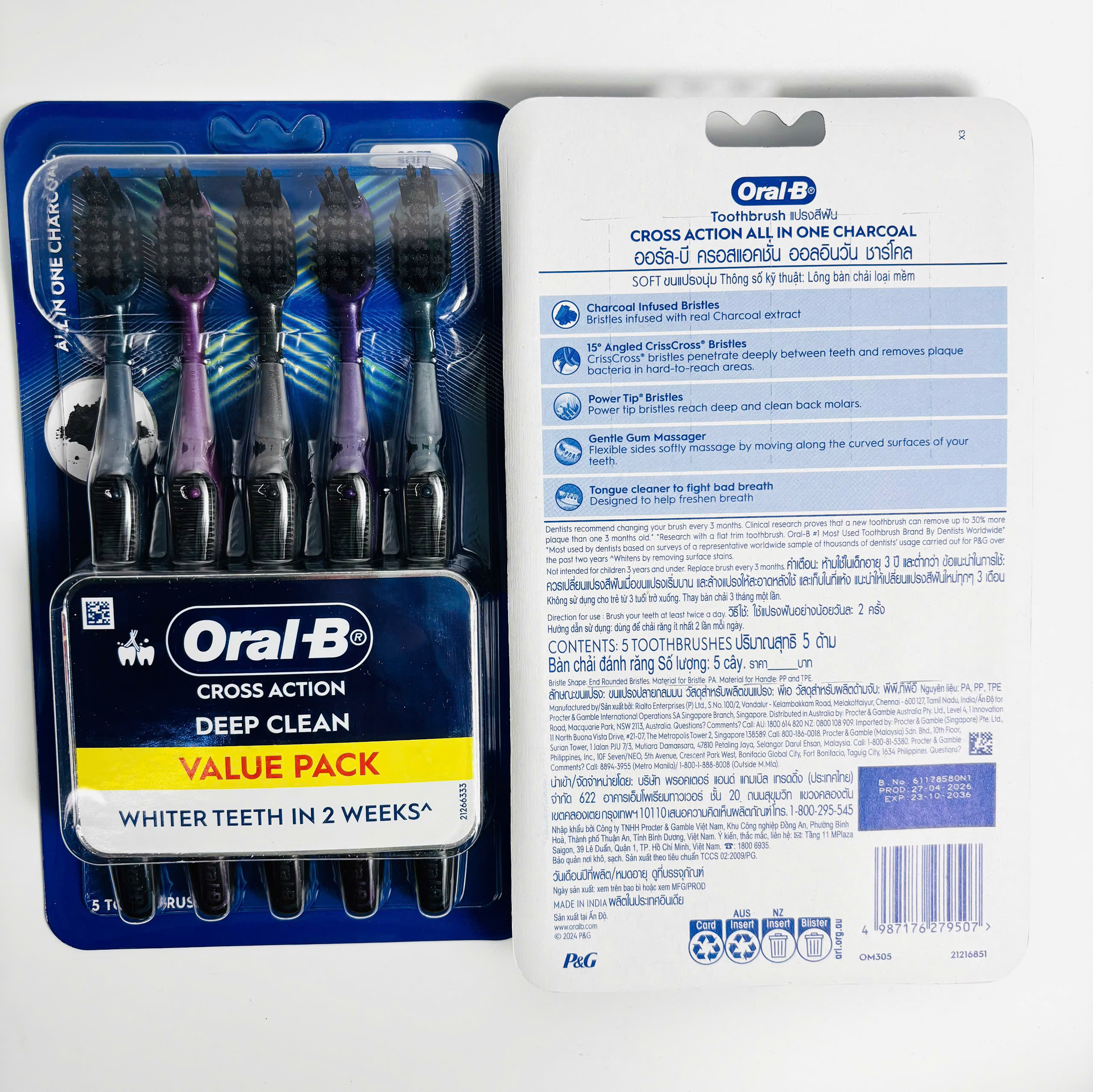 Oral-B Toothbrush Cross Action All in One Charcoal set bàn chải đánh răng than hoạt tính 10 cây