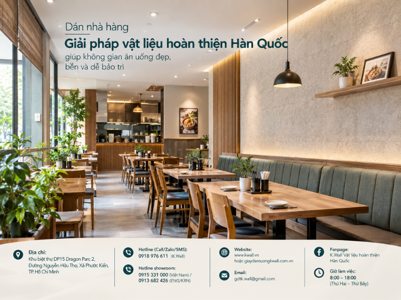 Dán nhà hàng Giải pháp vật liệu hoàn thiện Hàn Quốc giúp không gian ăn uống đẹp, bền và dễ bảo trì