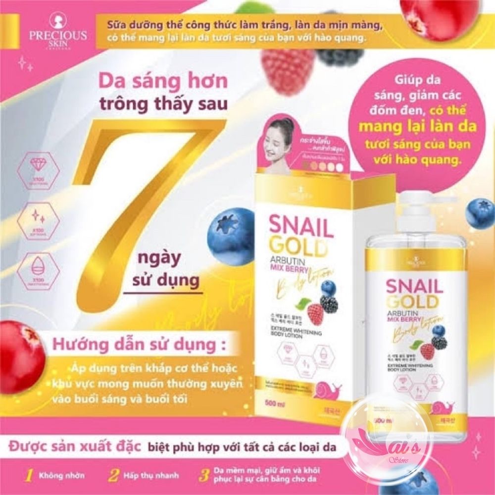 Sữa Dưỡng Thể Trắng Da Snail Gold Arbutin Mix Berry Body Lotion Precious Skin Thailand 500ml