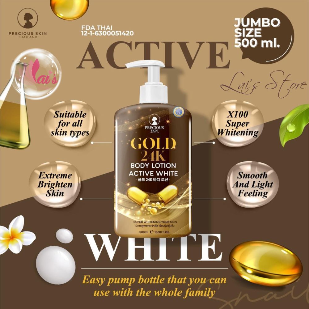 Sữa Dưỡng Thể Trắng Da GOLD 24K Body Lotion Active White Precious Skin Thailand 500ml