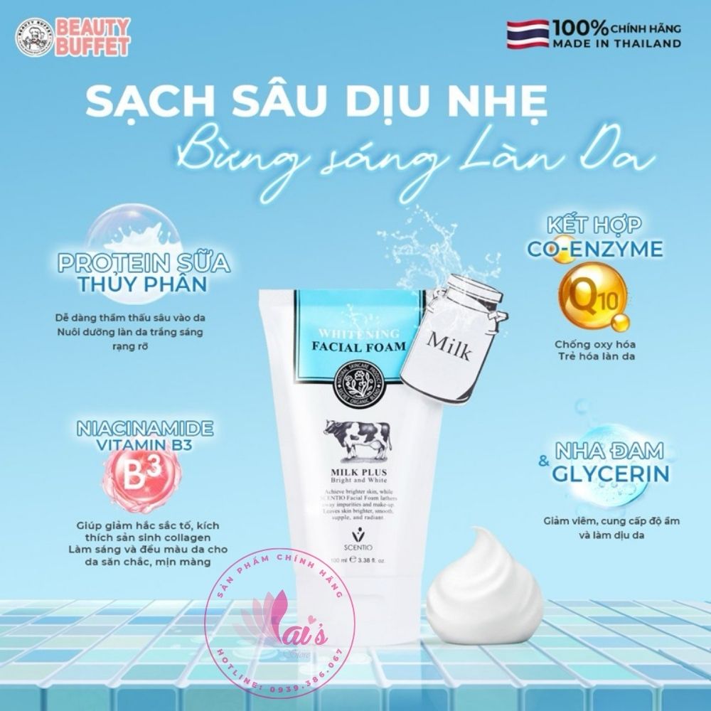 Sữa Rửa Mặt Trắng Da Sữa Bò Scentio Milk Plus Beauty Buffet Thái Lan Tạo Bọt Dưỡng Trắng, Trẻ Hoá Da