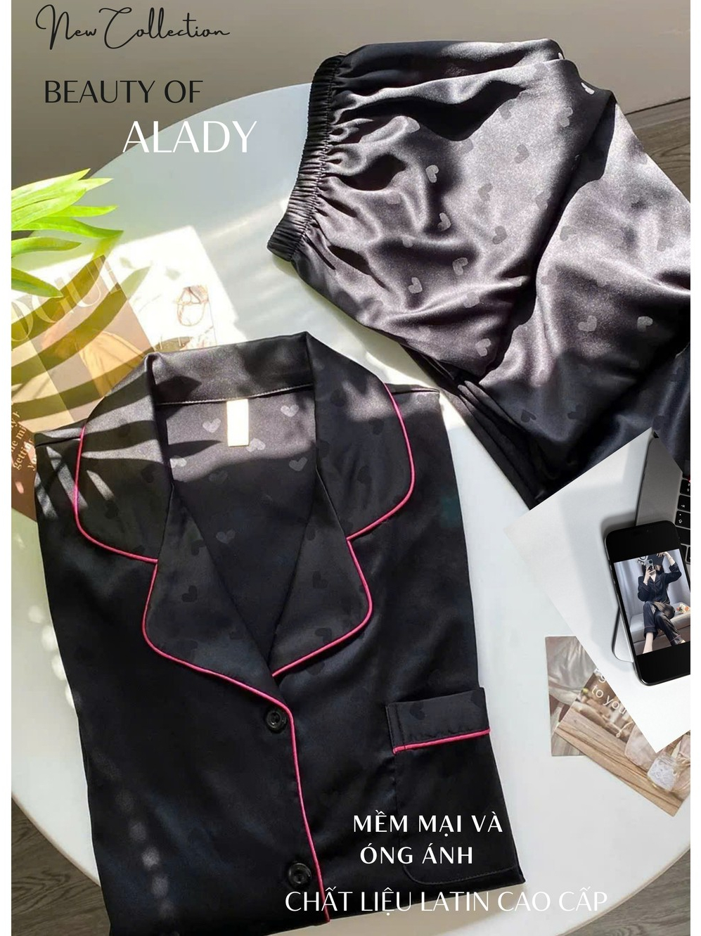 Bộ đồ ngủ Pijama ALADY lụa latin cao cấp màu đen viền hồng basic sang trọng