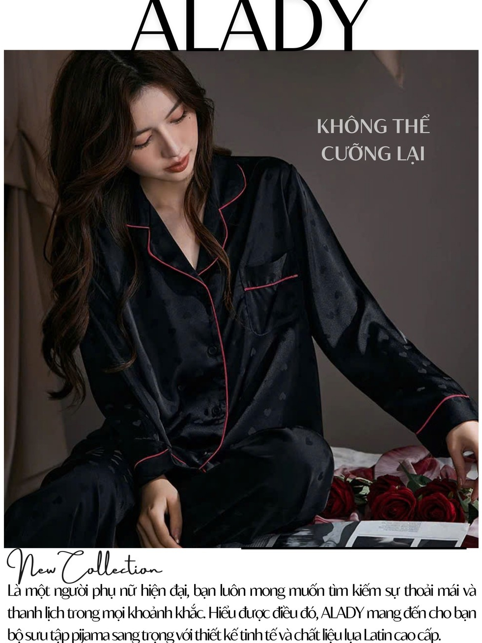 Bộ đồ ngủ Pijama ALADY lụa latin cao cấp màu đen viền hồng basic sang trọng