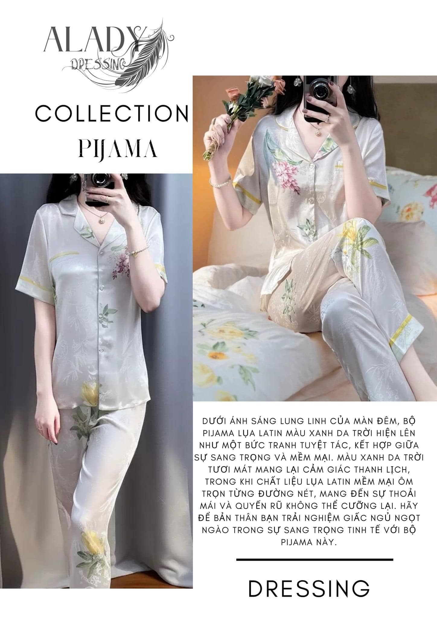 Thời trang ALADY - Pijama lụa latin cao cấp thiết kế hoa văn màu nhã nhặn sang trọng