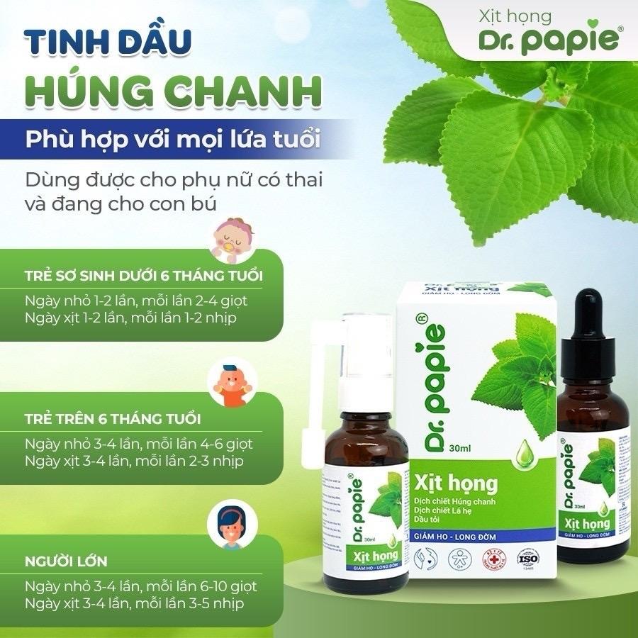 (Tặng 5 ống nước muối physiodose) Xịt họng Dr.Papie giảm ho tiêu đờm thể tích 30ml
