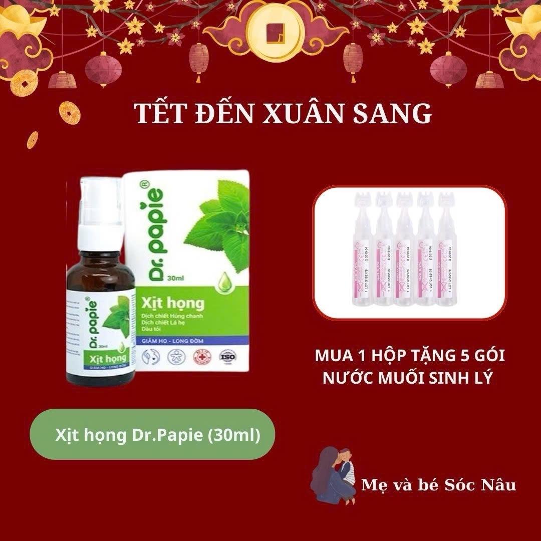 (Tặng 5 ống nước muối physiodose) Xịt họng Dr.Papie giảm ho tiêu đờm thể tích 30ml