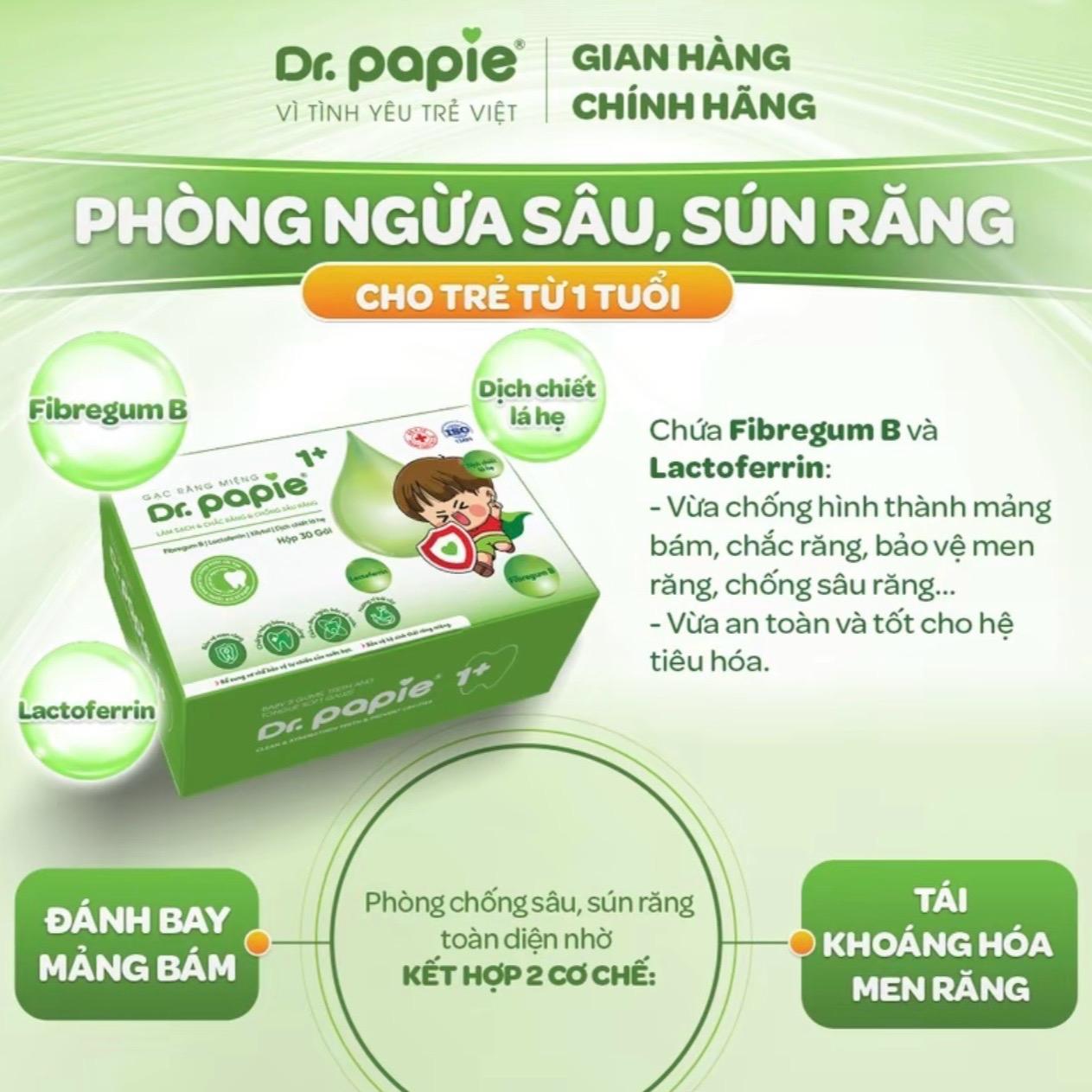 (MUA 2 TẶNG 5 GÓI) Gạc răng miệng  DR.PAPIE 1+ 30 gói /hộp dành Cho Bé từ 1 tuổi trở đi