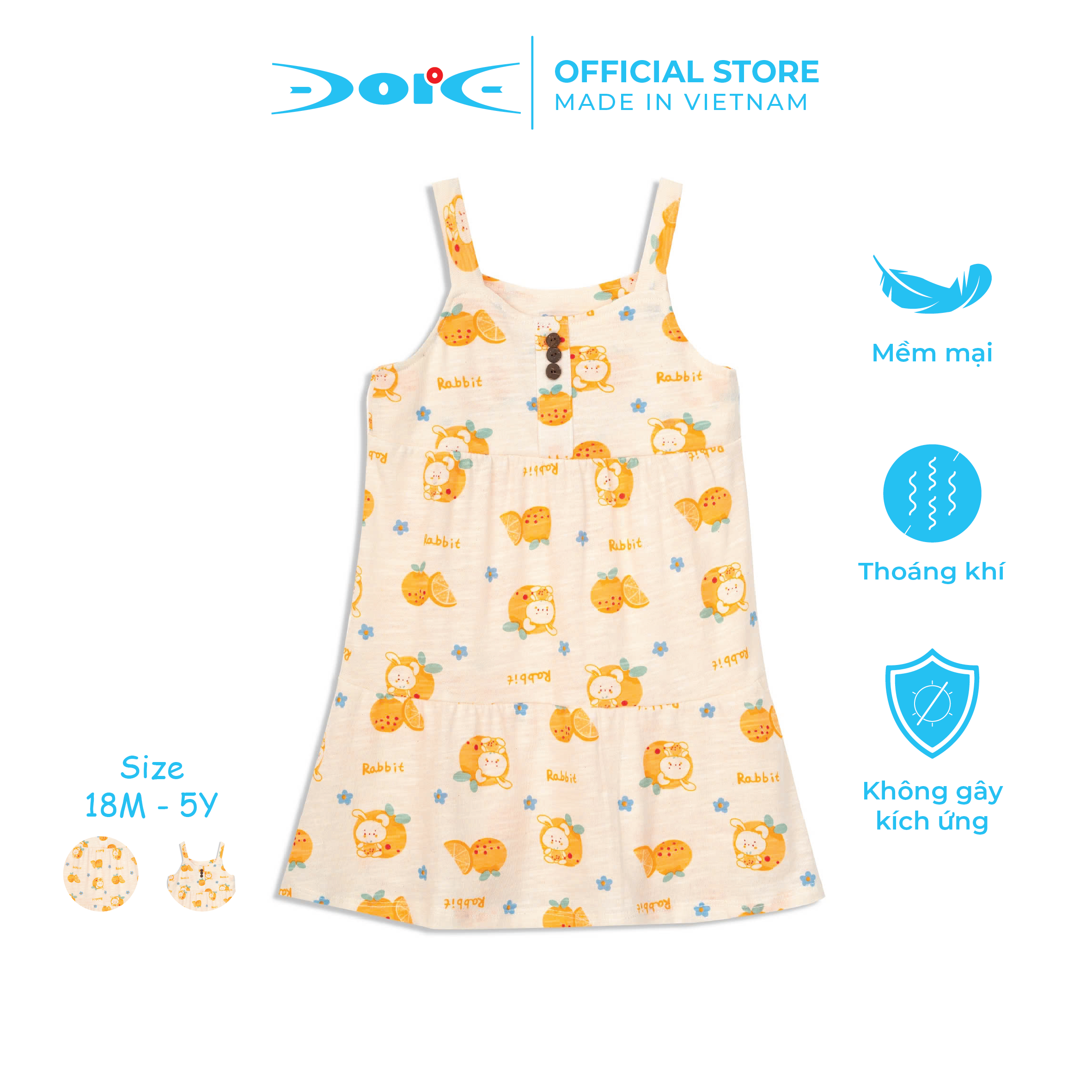 Đầm dây hai tầng DORE VDR004 cho bé gái từ 1 đến 5 tuổi chất liệu cotton mềm mịn thoáng mát