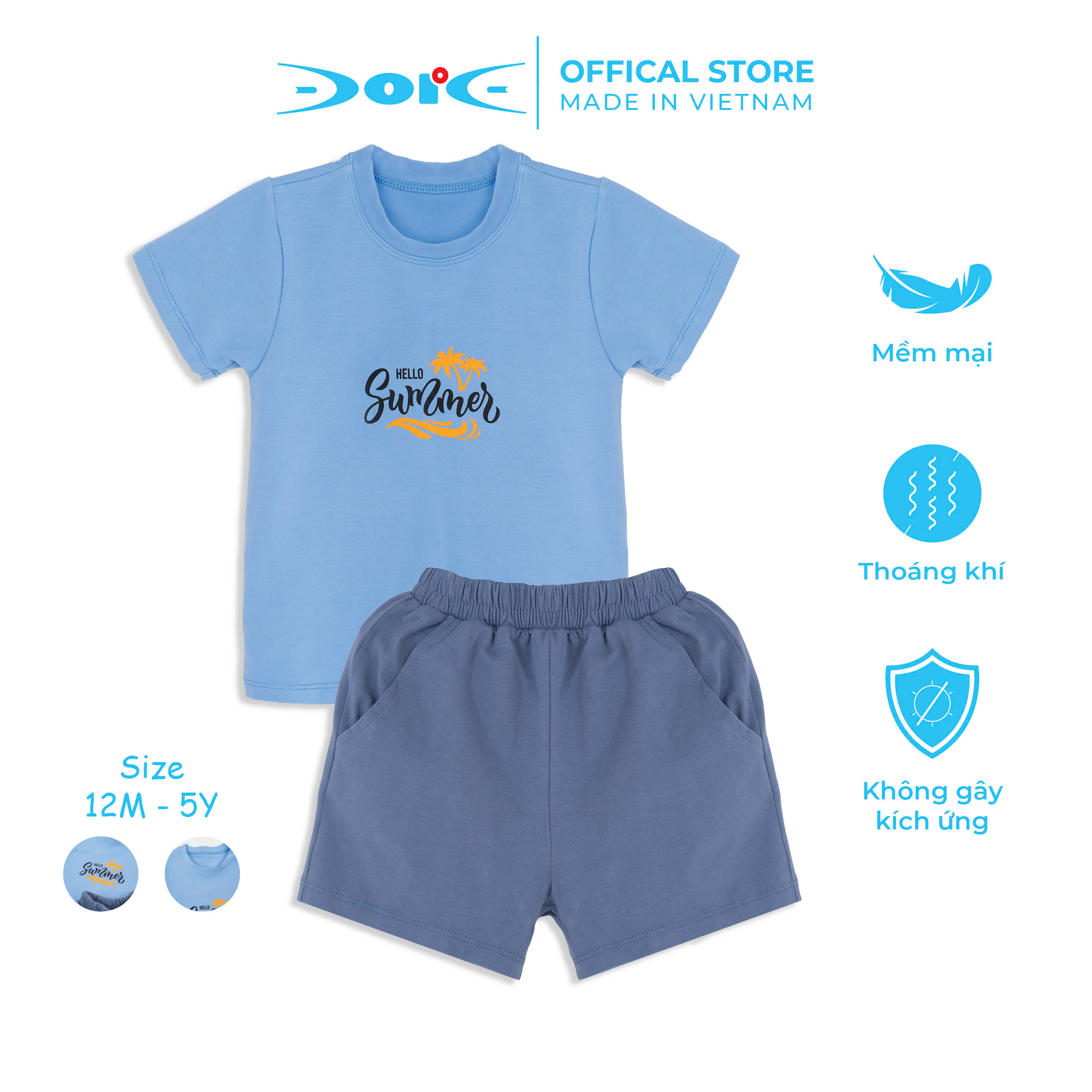 Bộ cộc tay cotton cao cấp DORE hello summer cho bé  trai từ 1 đến 5 tuổi xanh dương - DRC003
