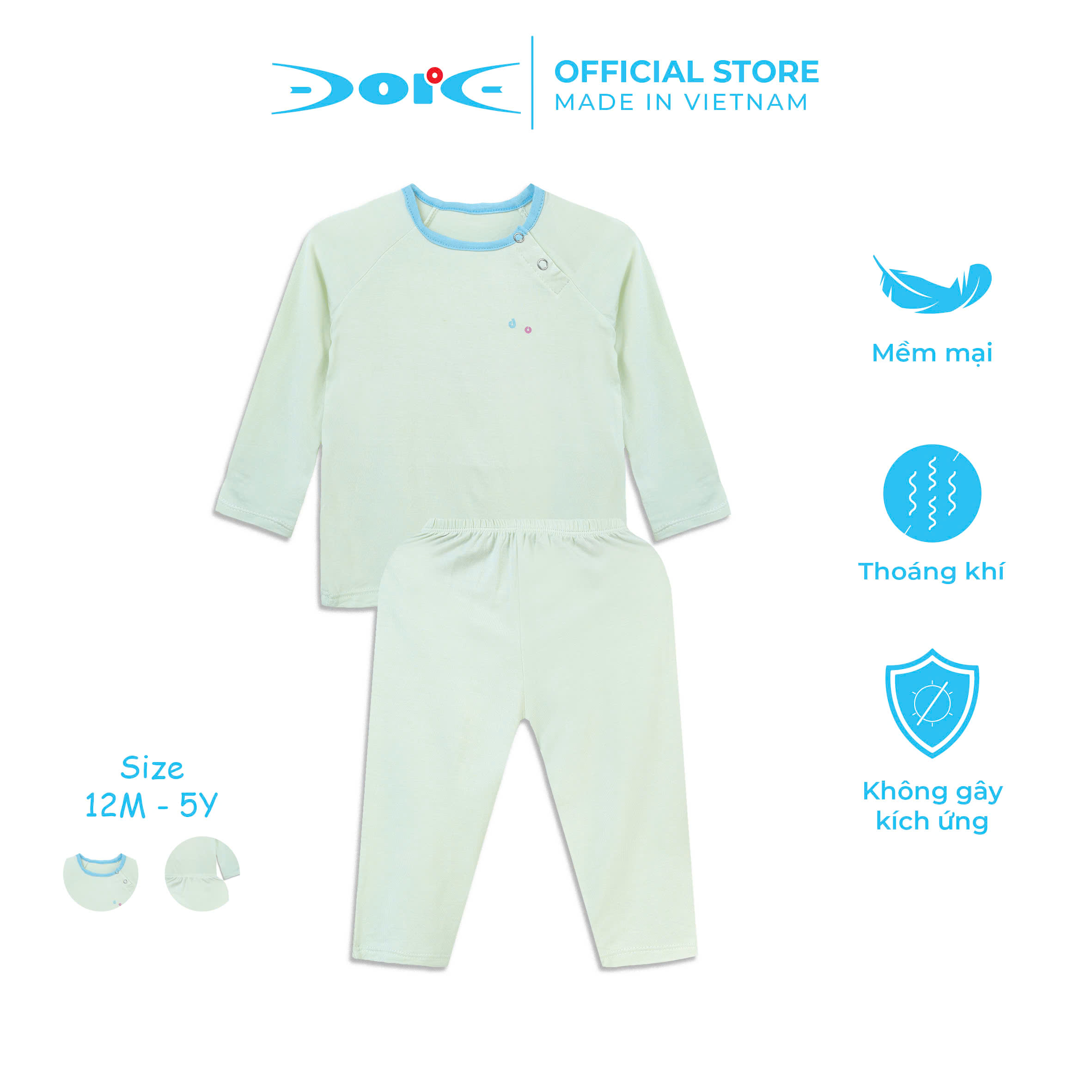 Bộ dài tay raglan cài chéo DORE xanh lá mạ non chất liệu sợi tre cho bé trai bé gái từ 1 đến 5 tuổi