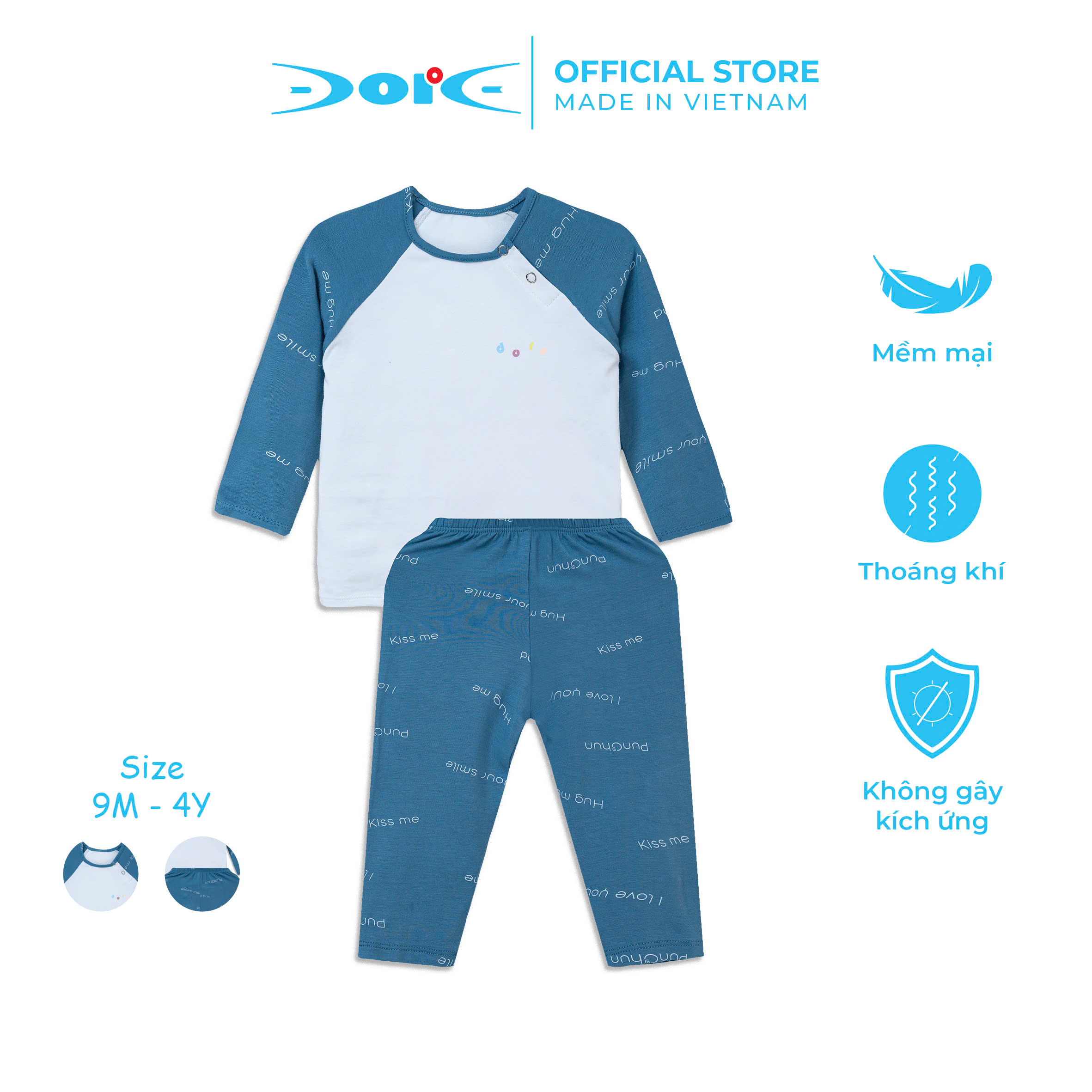 Bộ dài tay raglan cài chéo DORE xanh dương họa tiết phối trắng chất liệu sợi tre cho bé trai từ 1 đến 4 tuổi - DRDT007