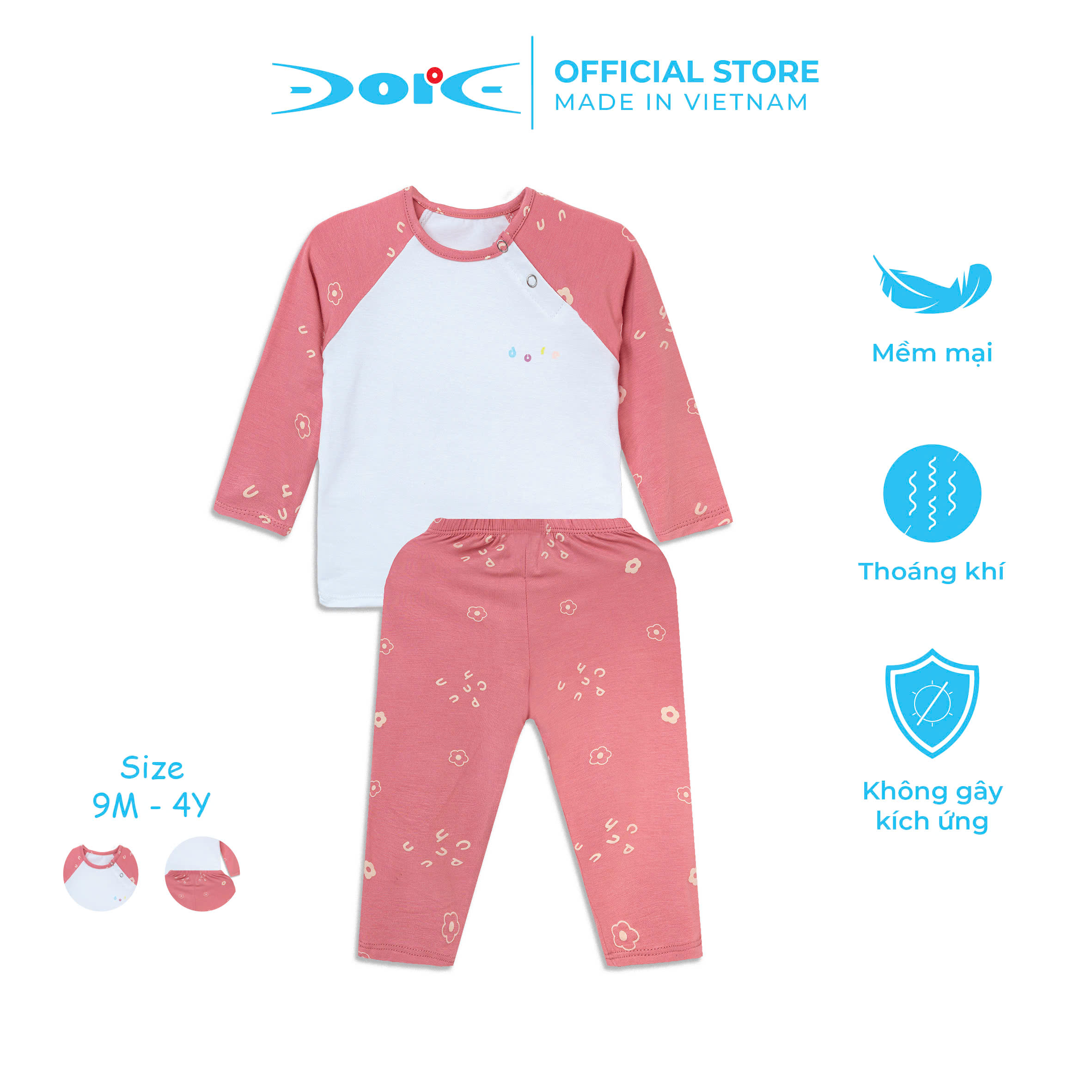 Bộ dài tay raglan cài chéo DORE màu hồng họa tiết phối trắng chất liệu sợi tre cho bé gái từ 1 đến 4 tuổi-DRDT008