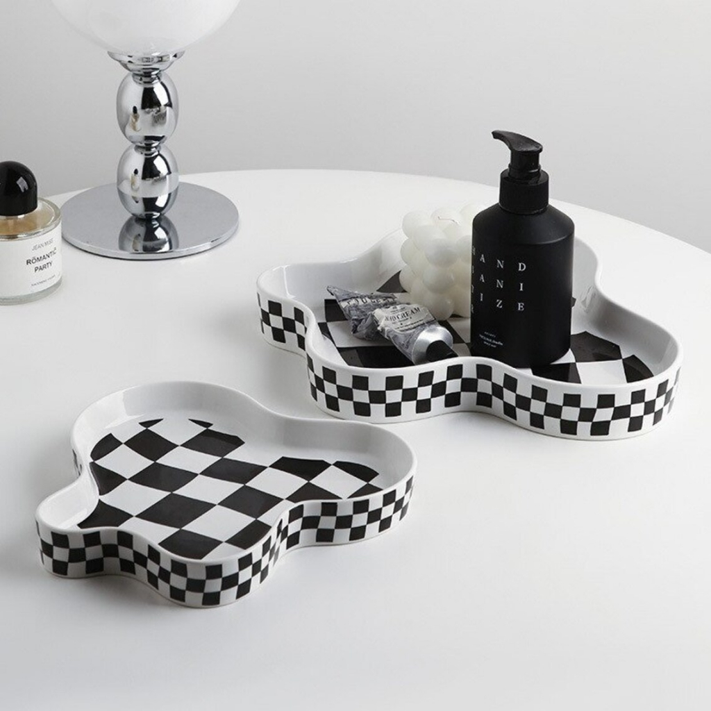 Khay gốm sứ caro trắng đen