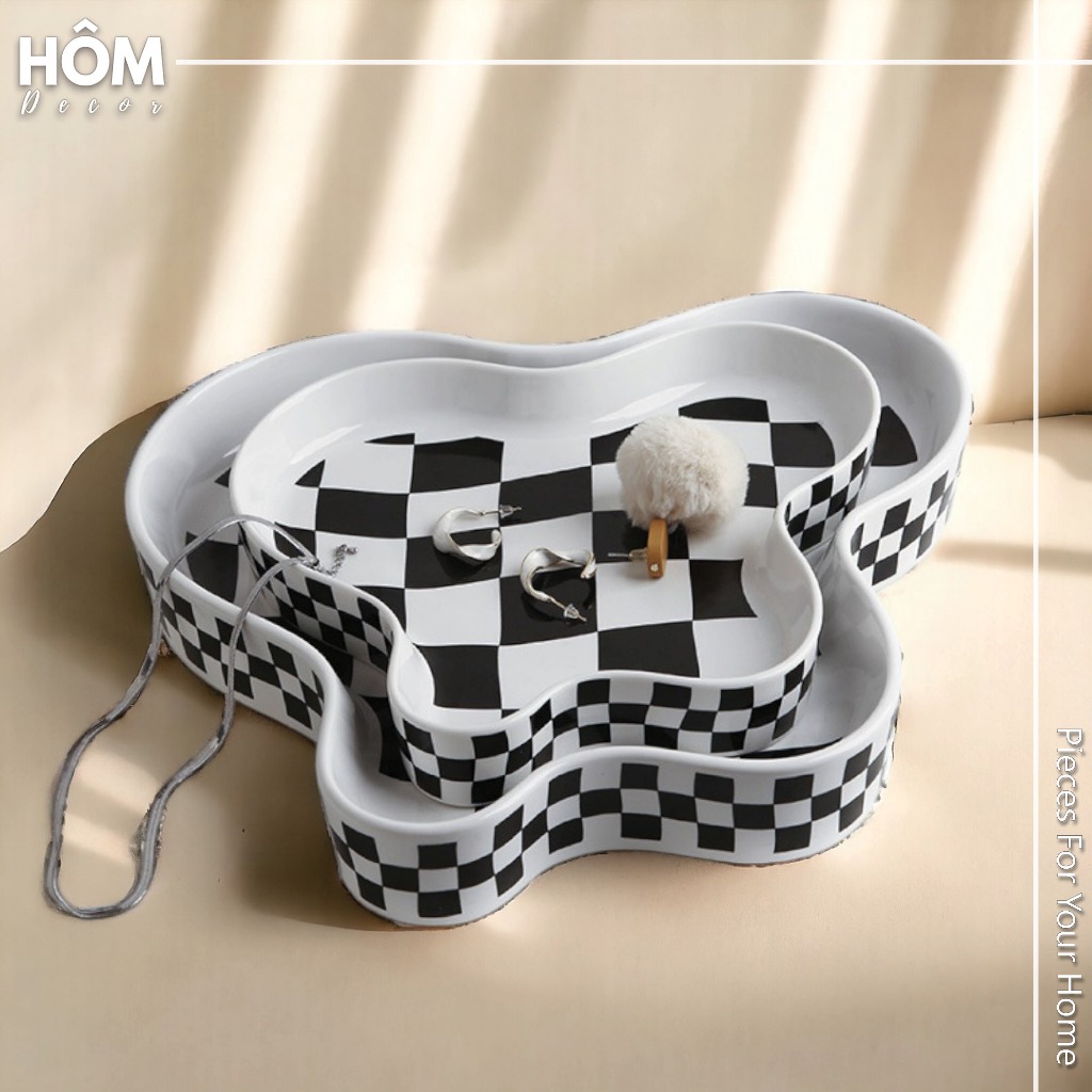 Khay gốm sứ caro trắng đen