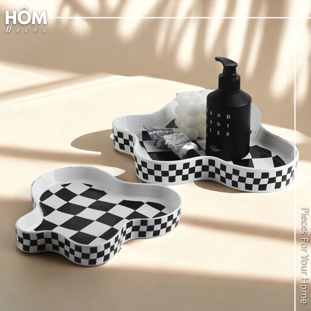 Khay gốm sứ caro trắng đen