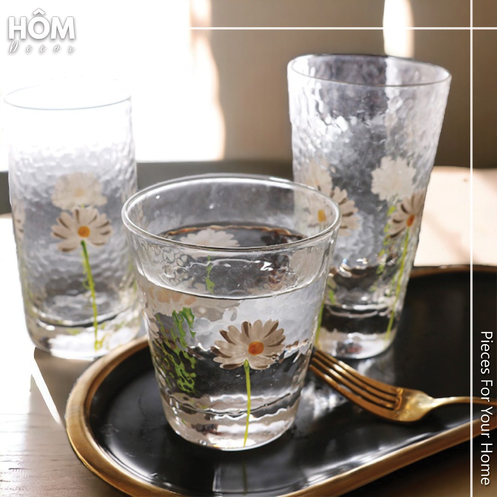 Cốc/ly nước thủy tinh in hình bông cúc