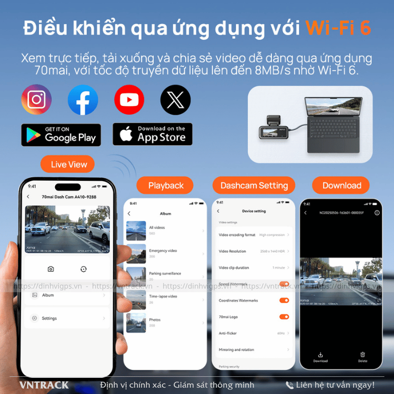 Camera hành trình 70mai A410 Neo kết nối nhanh với ứng dụng 70mai qua chuẩn Wi-Fi 6